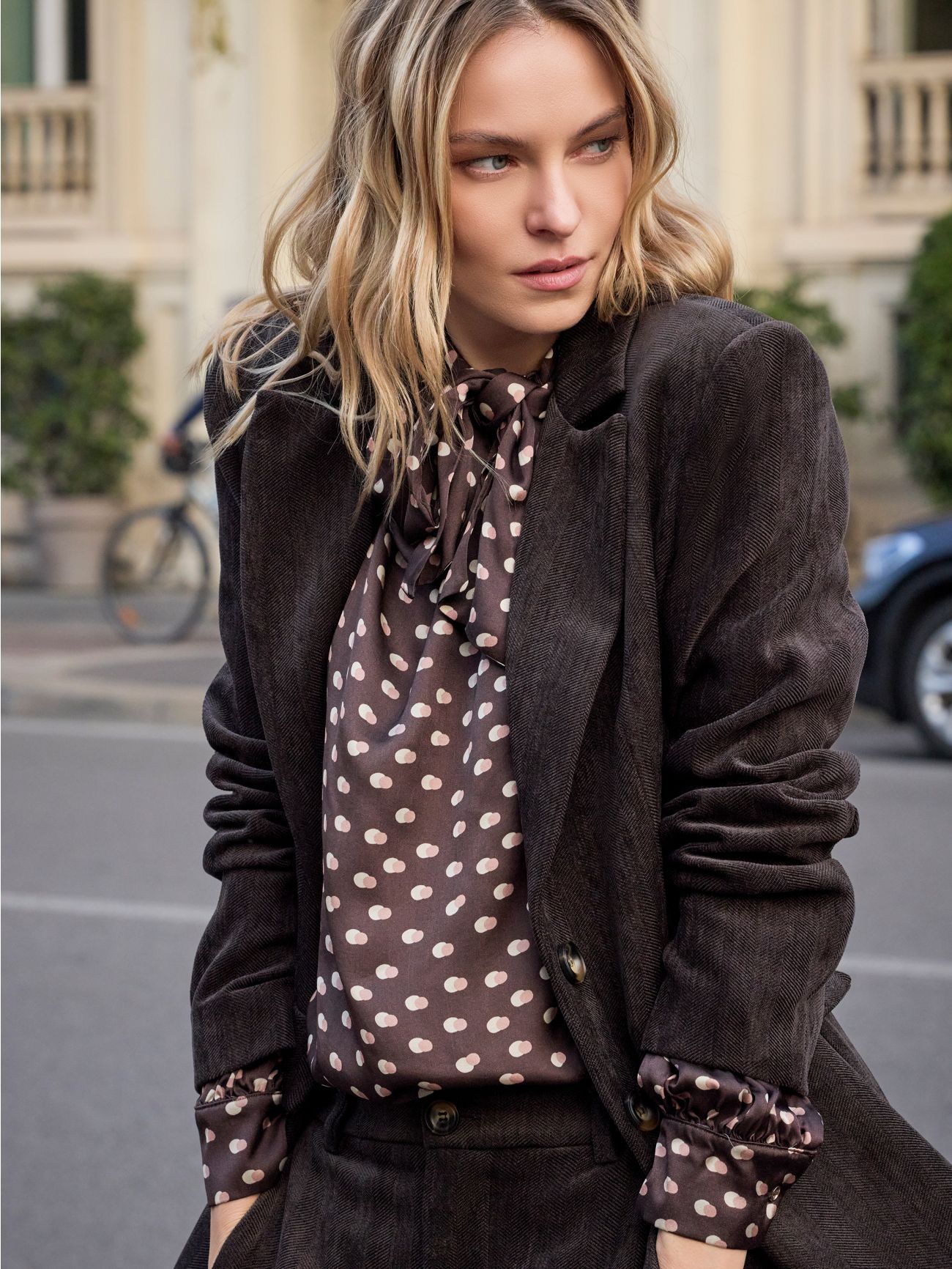 Chocolate Printed Satin Blouse with Draped Neckline  Rinascimento