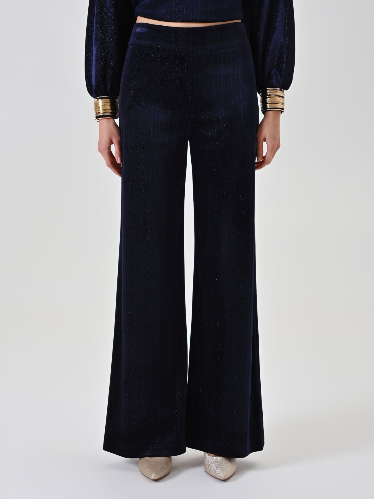 Navy Blue Lurex Straight-Leg Trousers det_2