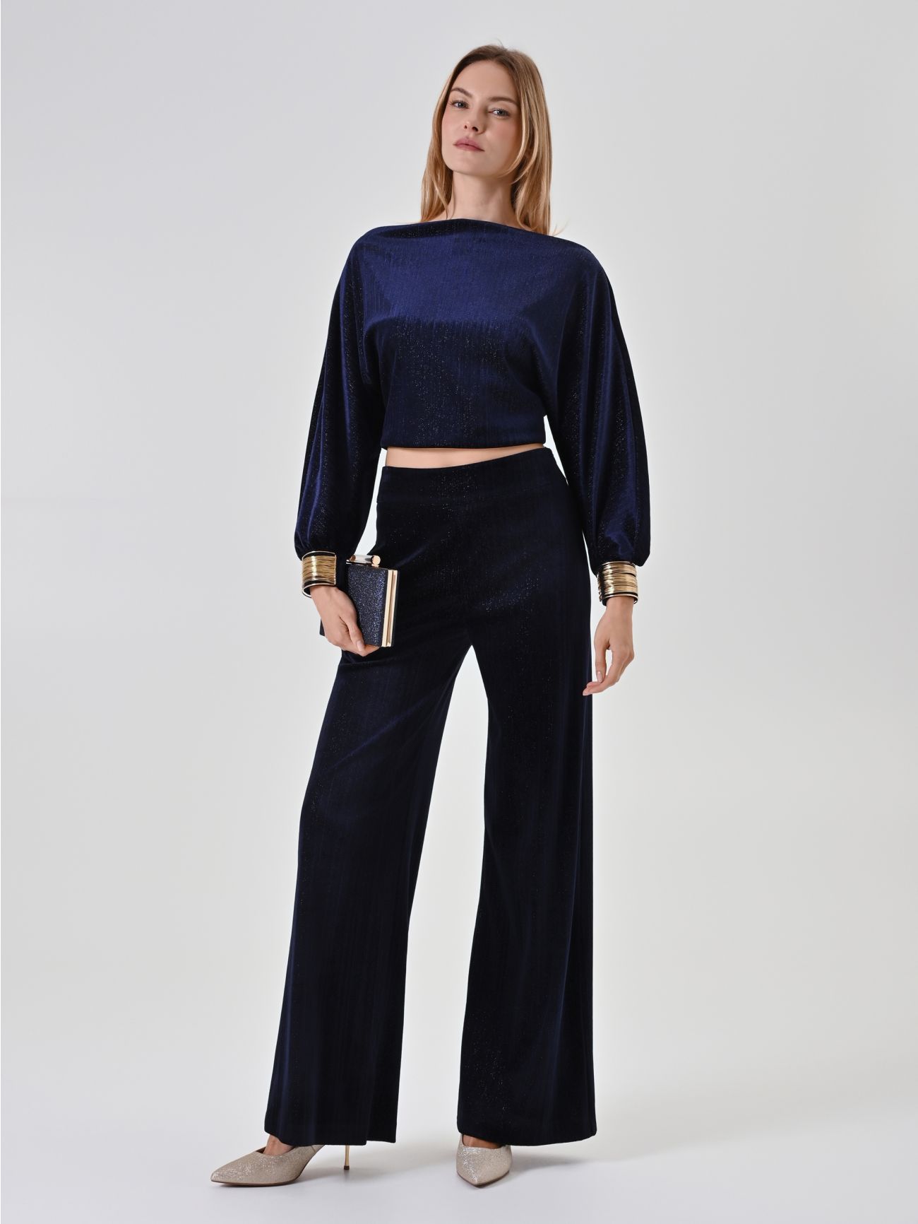 Navyblaue Hose mit geradem Bein und Lurex-Schimmer  Rinascimento