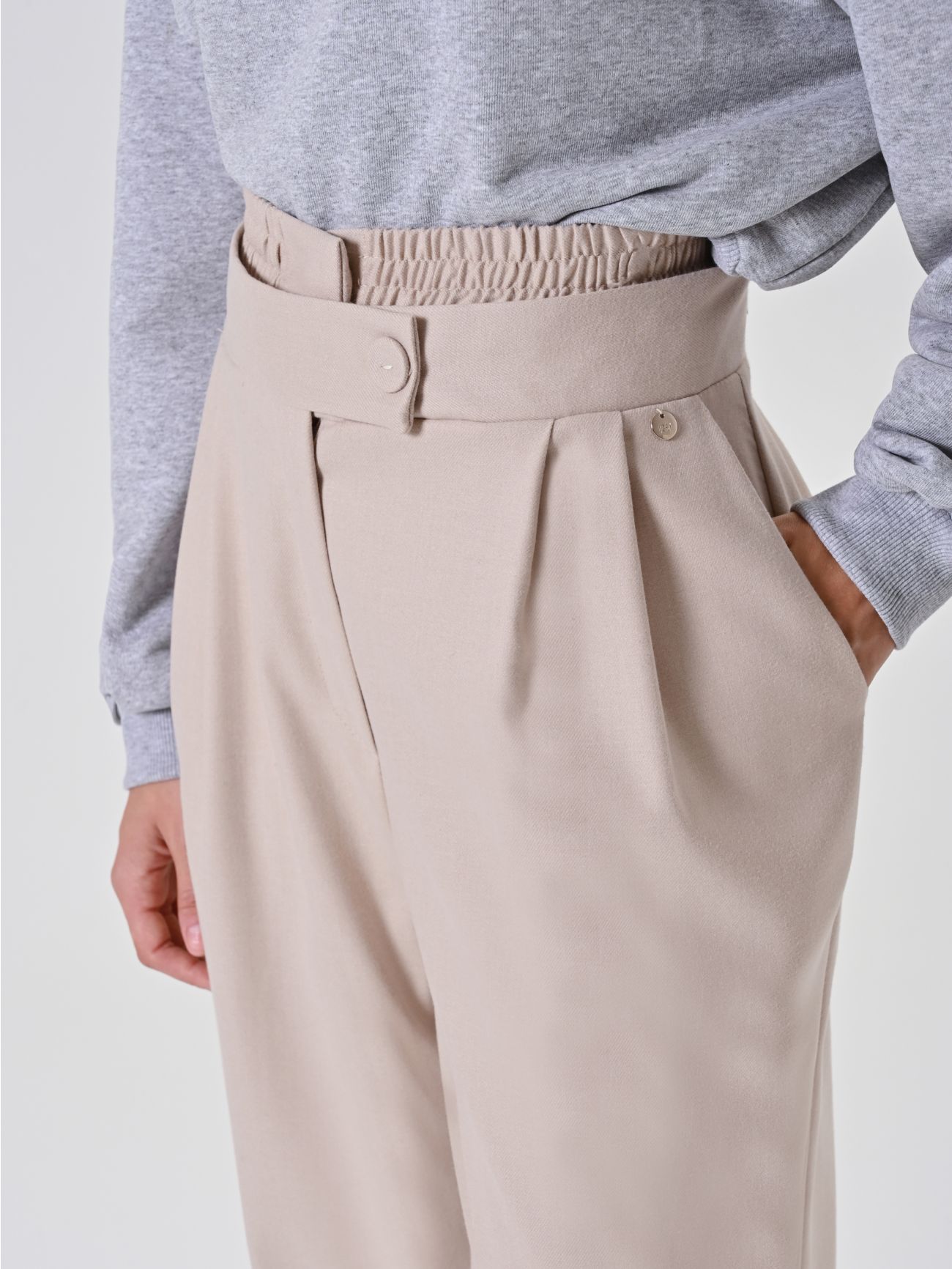 Beige Palazzo Trousers with Drawstring in_i5