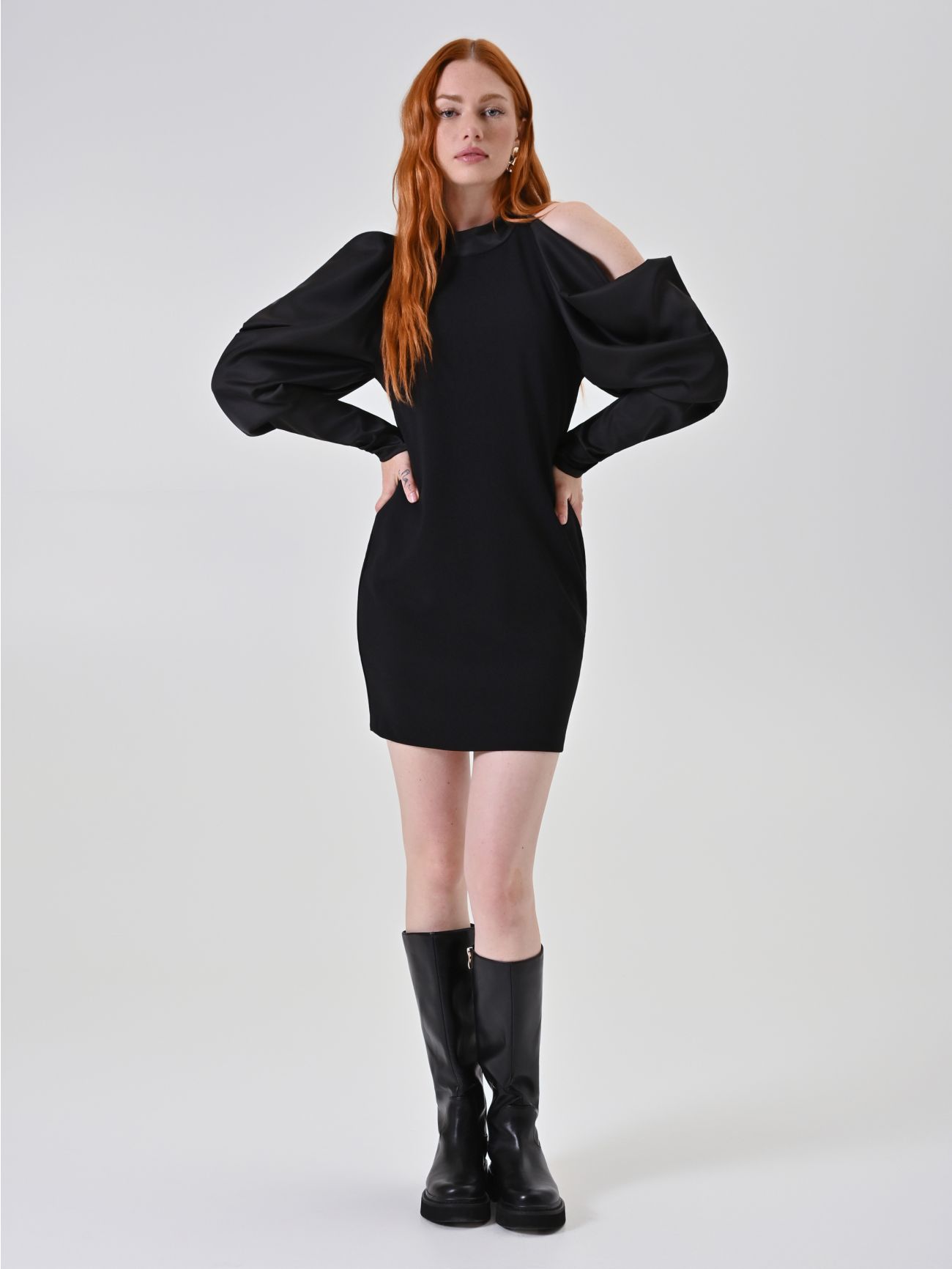 Black Dress with Satin Sleeves in_i7