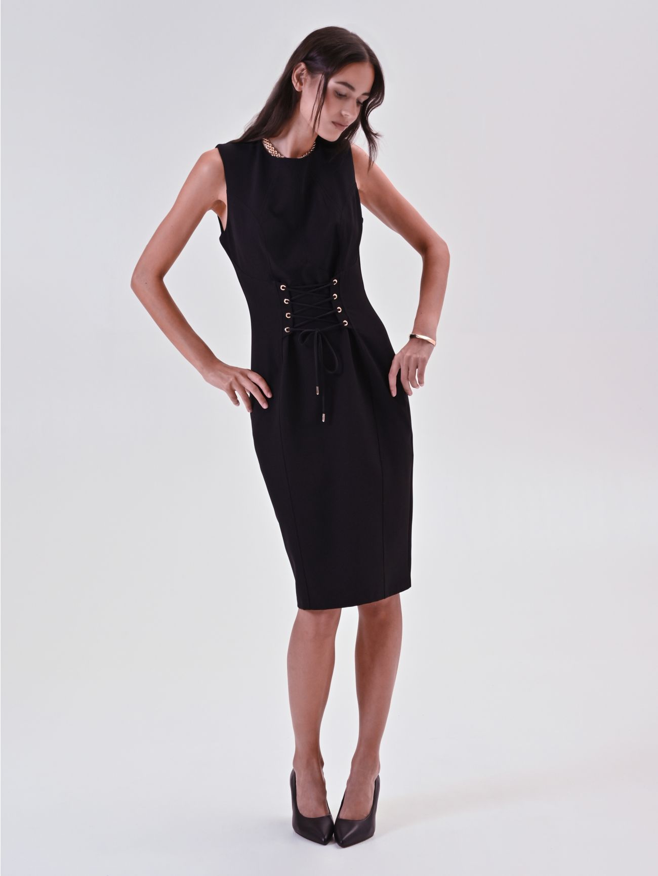 Black Bustier Sheath Dress with Laces in_i7