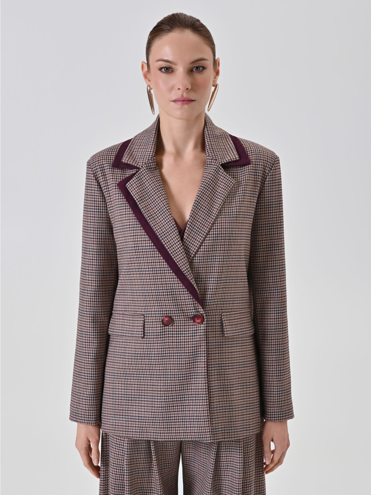 Zweireihiger karierter Blazer Bordeaux det_2