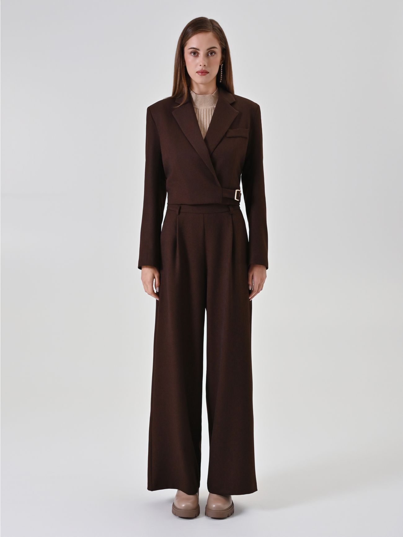 Cropped chocolate jacket with buckle det_1