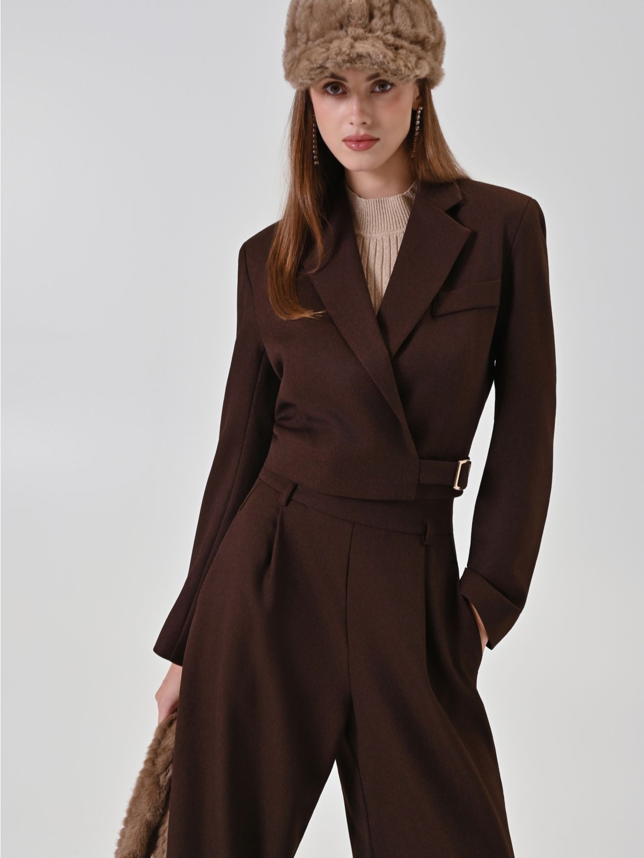 Cropped chocolate jacket with buckle  Rinascimento