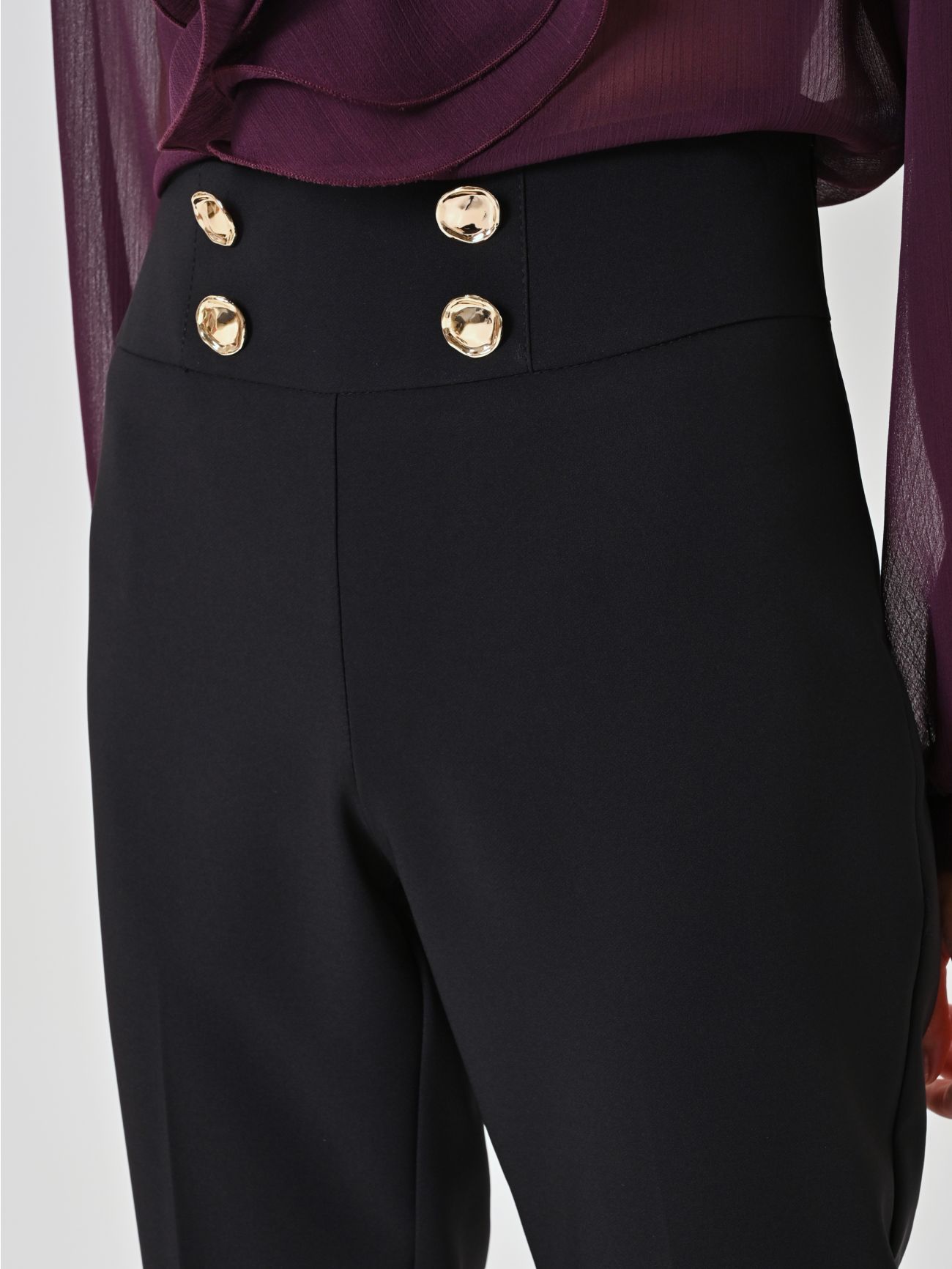 Black Flared Trousers with Gold Buttons in_i5
