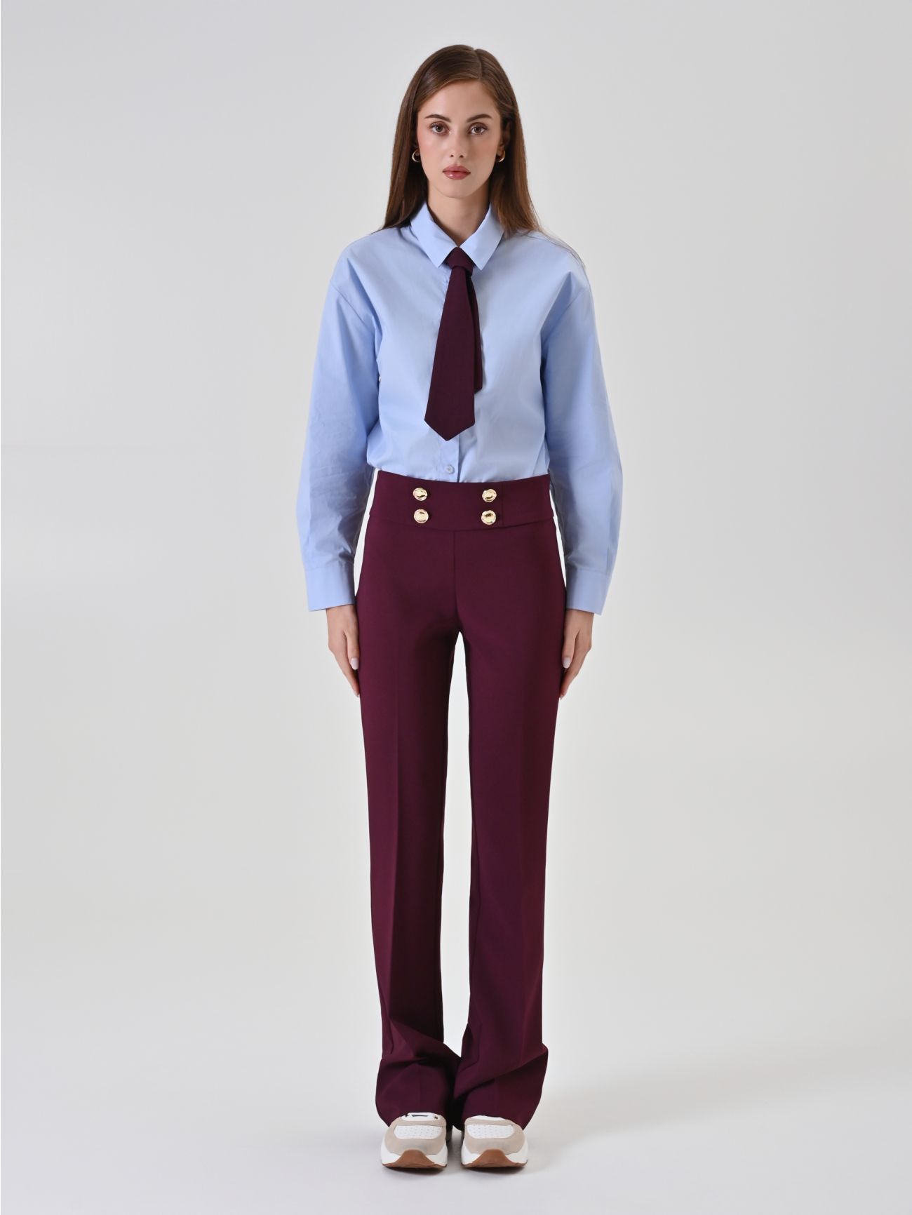 Burgundy Flare Trousers with Gold Buttons det_1