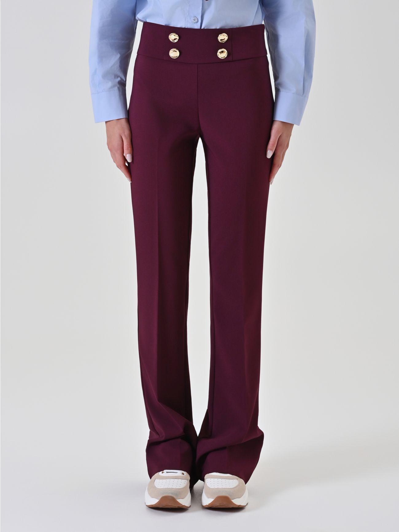 Burgundy Flare Trousers with Gold Buttons det_2