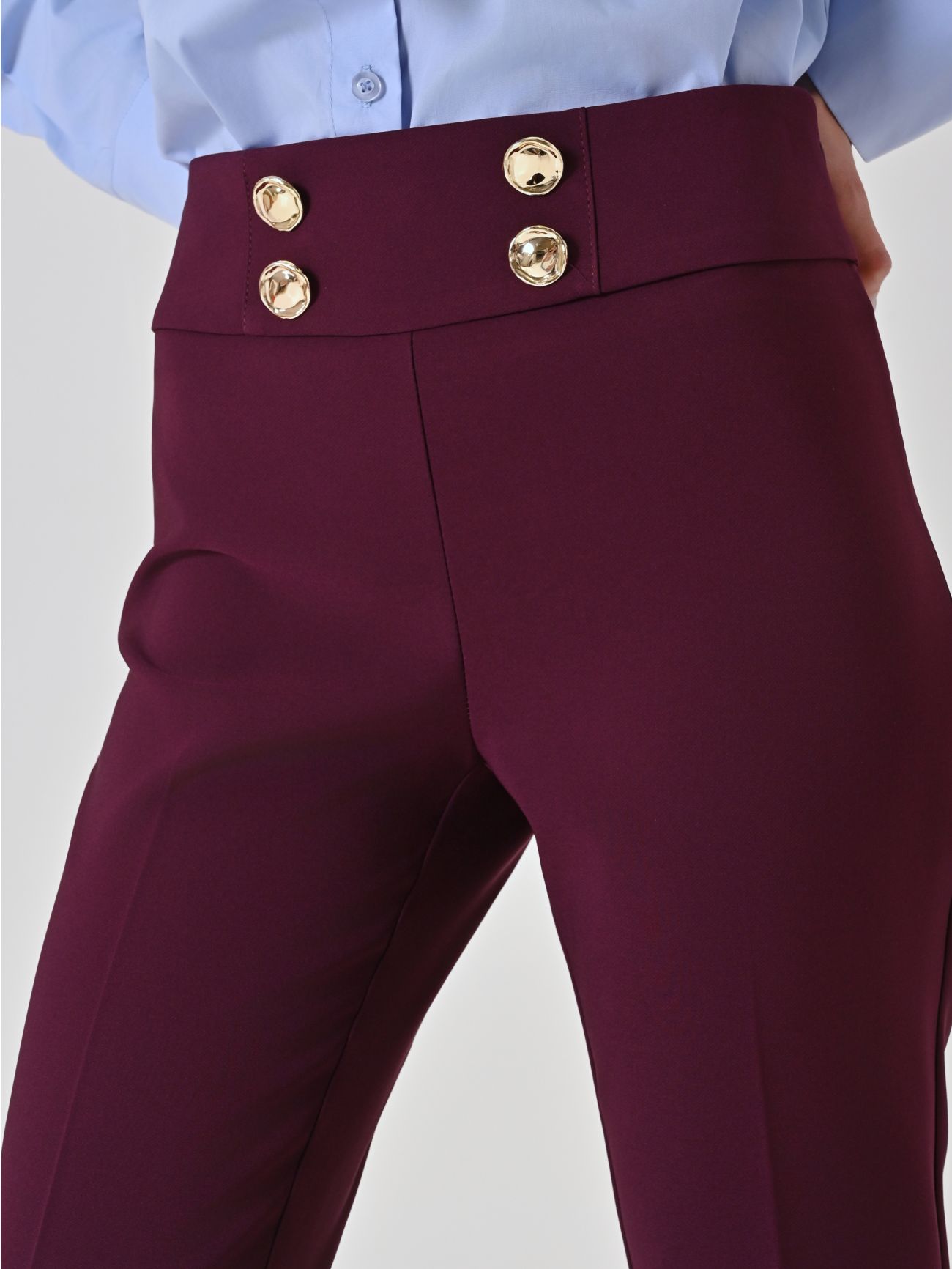 Burgundy Flare Trousers with Gold Buttons in_i5