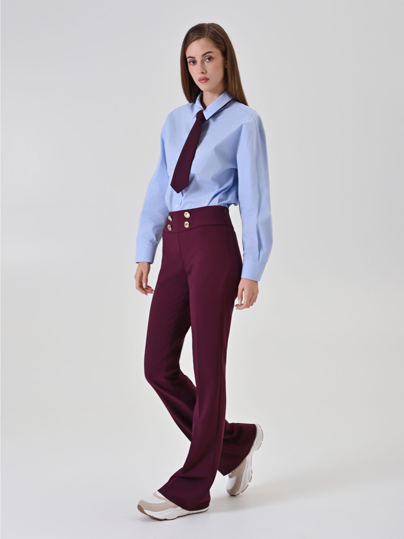 Burgundy Flare Trousers with Gold Buttons in_i7