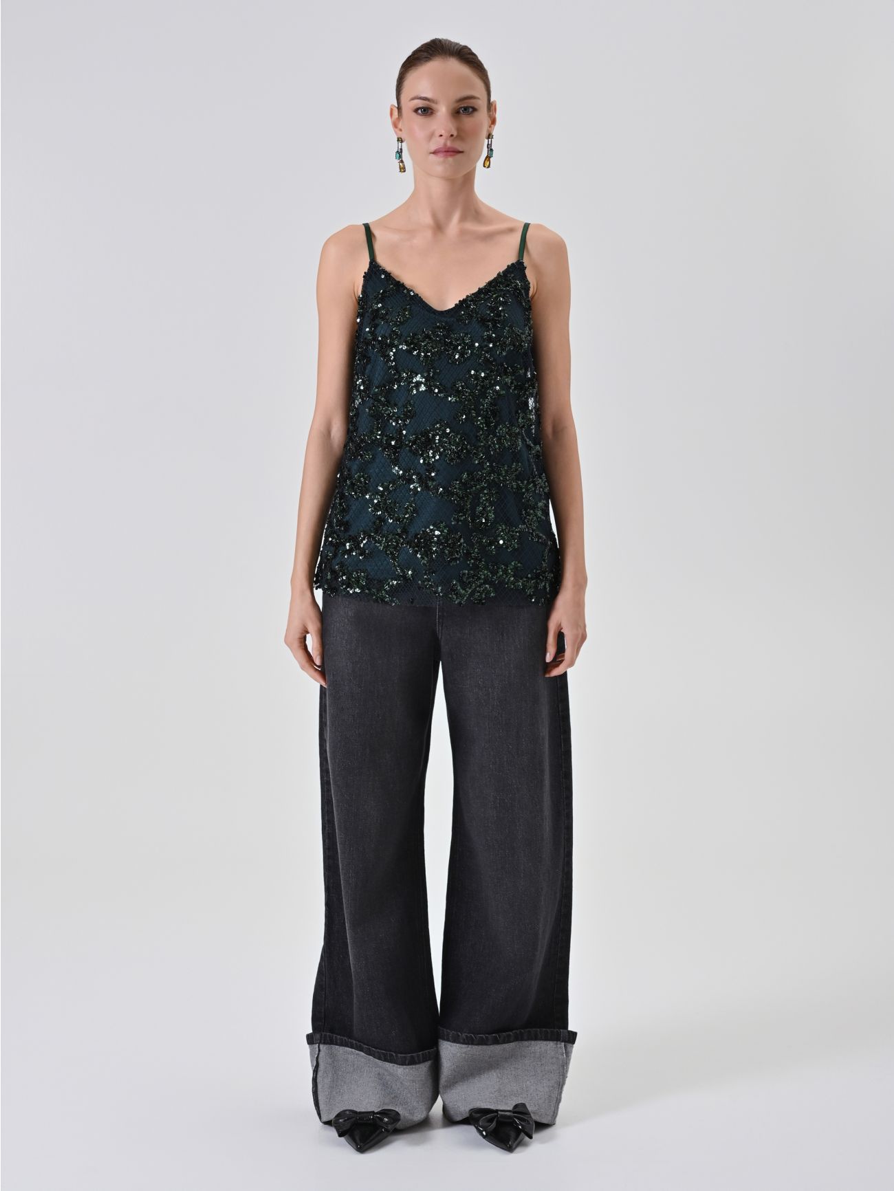 Green Sequin-Embellished Camisole Top det_1