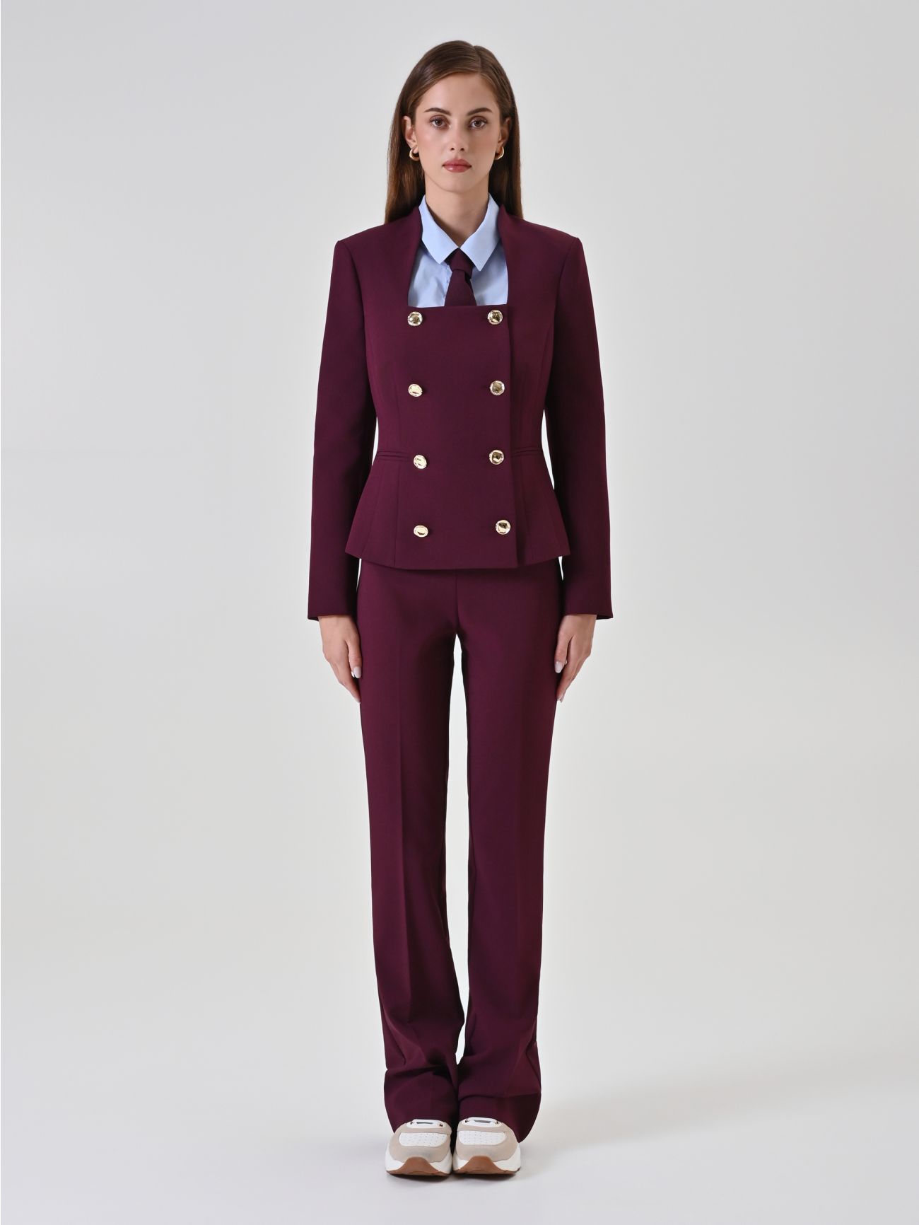 Burgundy Double-Breasted Jacket with Square Neckline det_1
