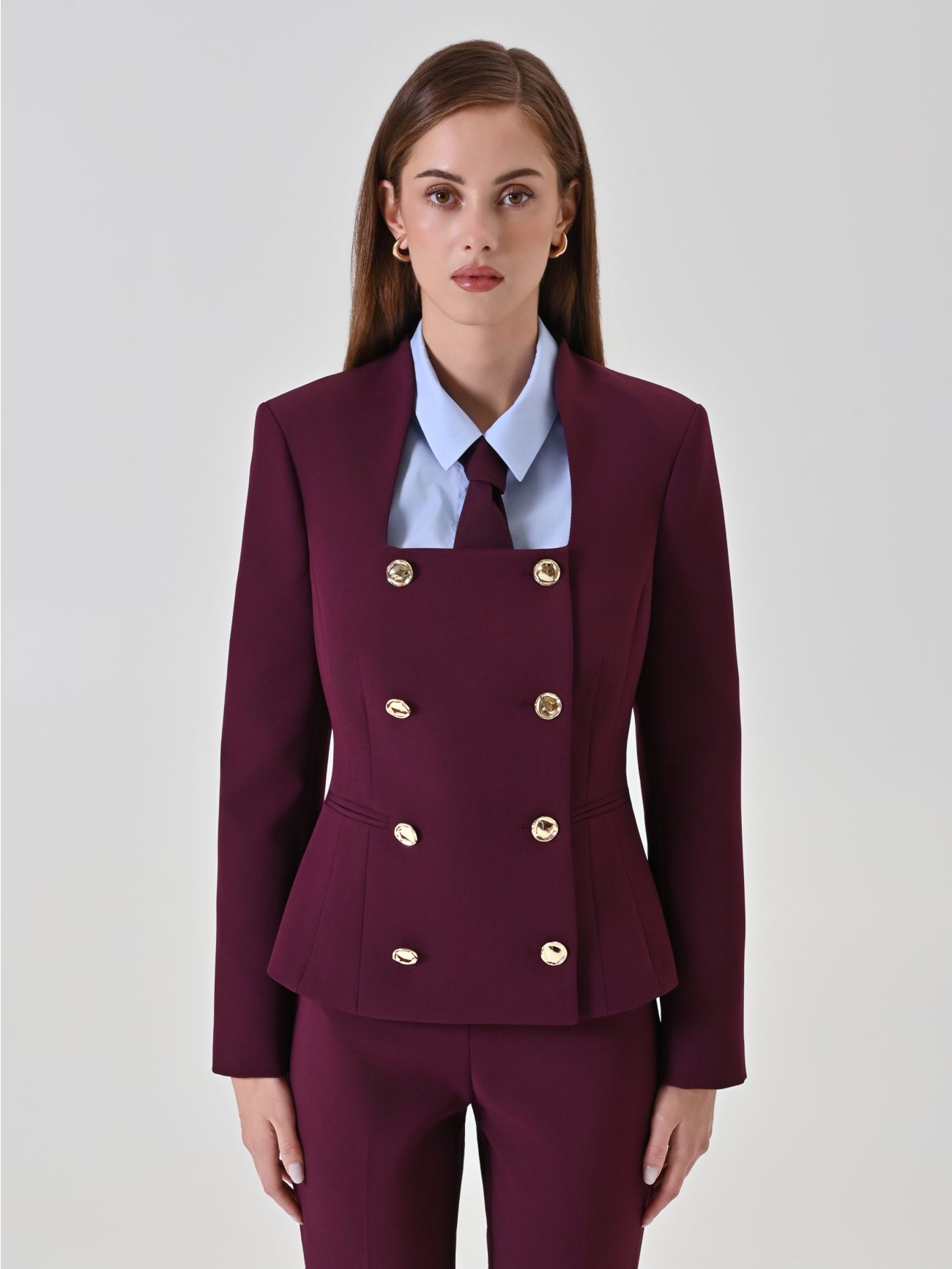 Burgundy Double-Breasted Jacket with Square Neckline det_2
