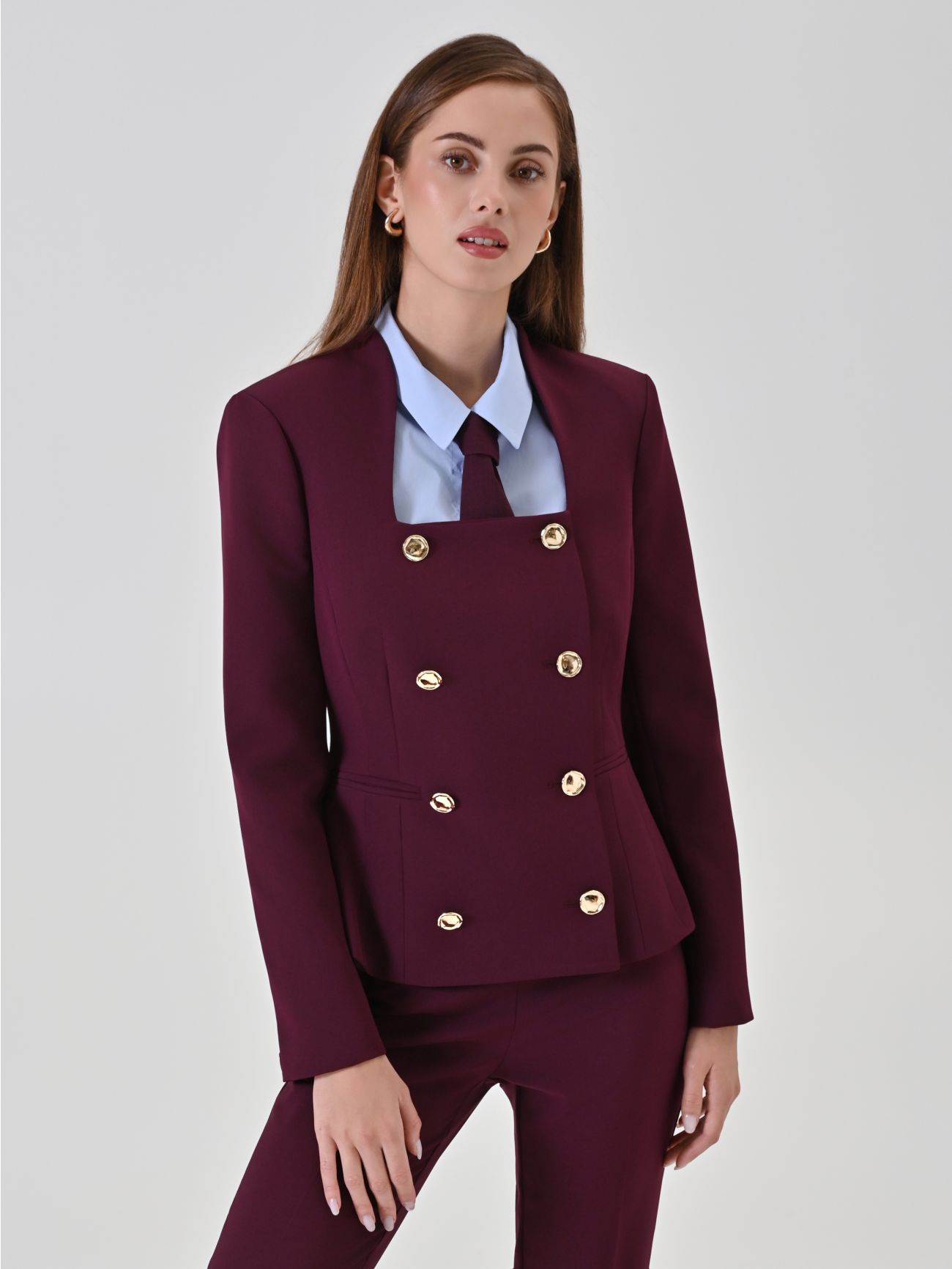Burgundy Double-Breasted Jacket with Square Neckline in_i7