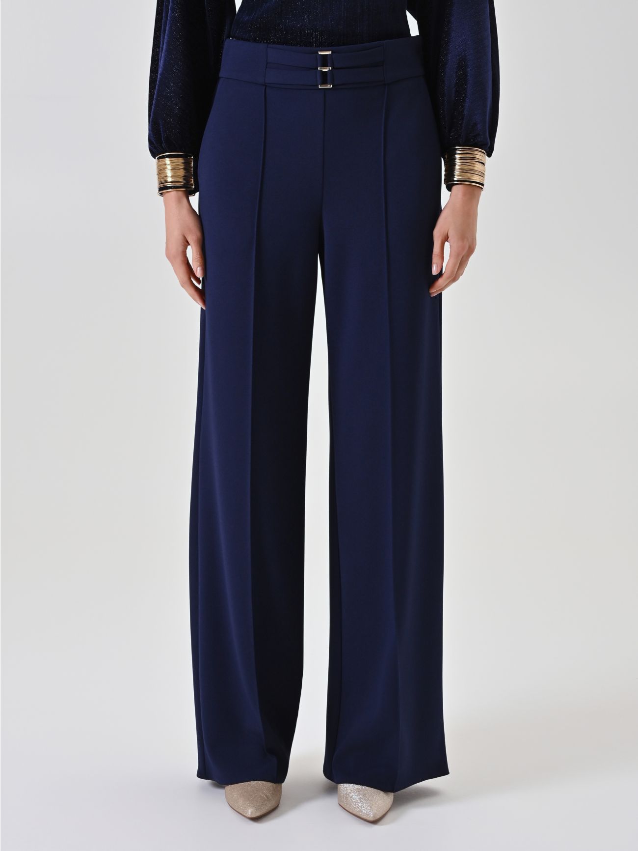 Pantalon palazzo bleu à détail doré det_2