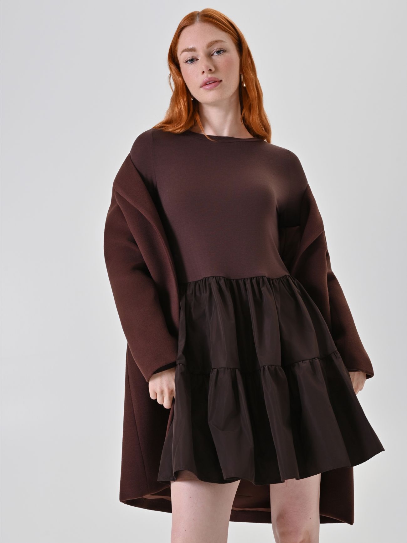 Abito Marrone in Maglia con Gonna a Balze sp_e1