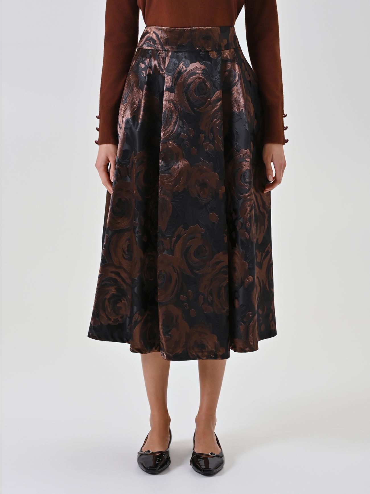 Gonna a ruota cioccolato in jacquard floreale det_2
