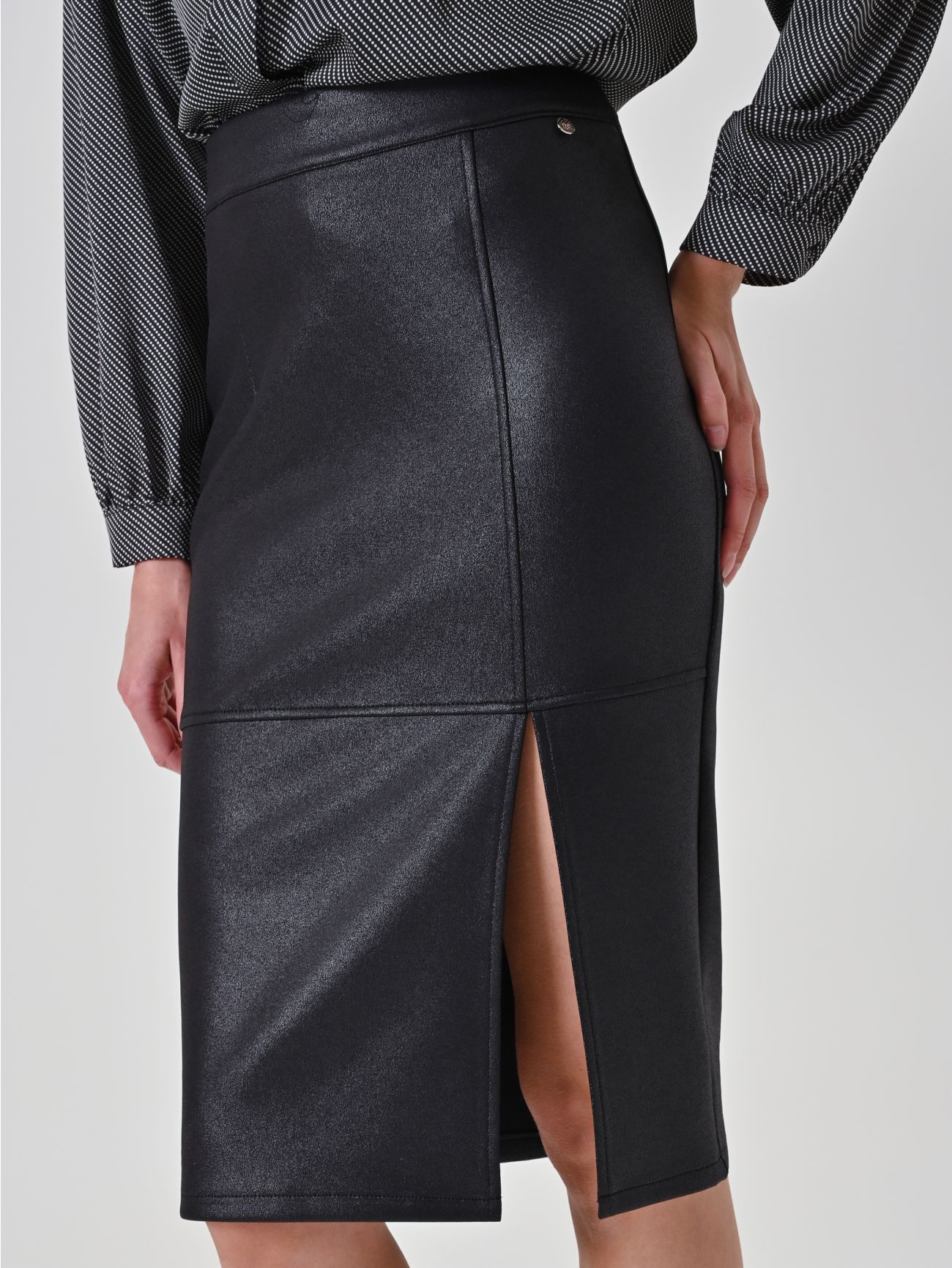 Black Faux Leather Pencil Skirt with Slit in_i5