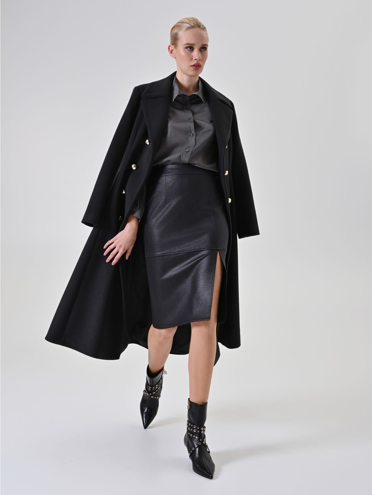 Black Faux Leather Pencil Skirt with Slit  Rinascimento
