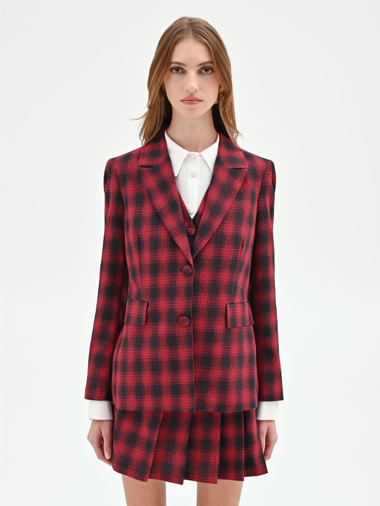Red Single-Breasted Tartan Blazer det_2