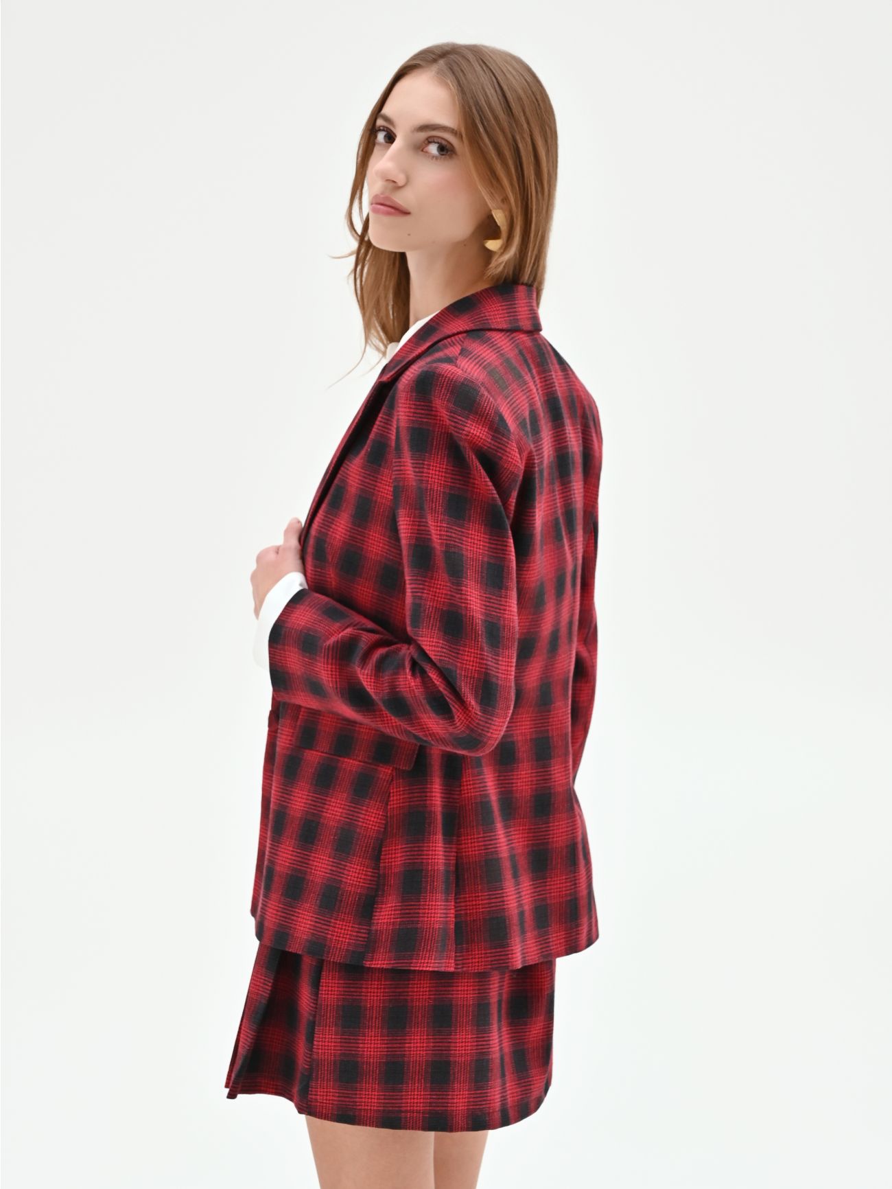 Red Single-Breasted Tartan Blazer det_3