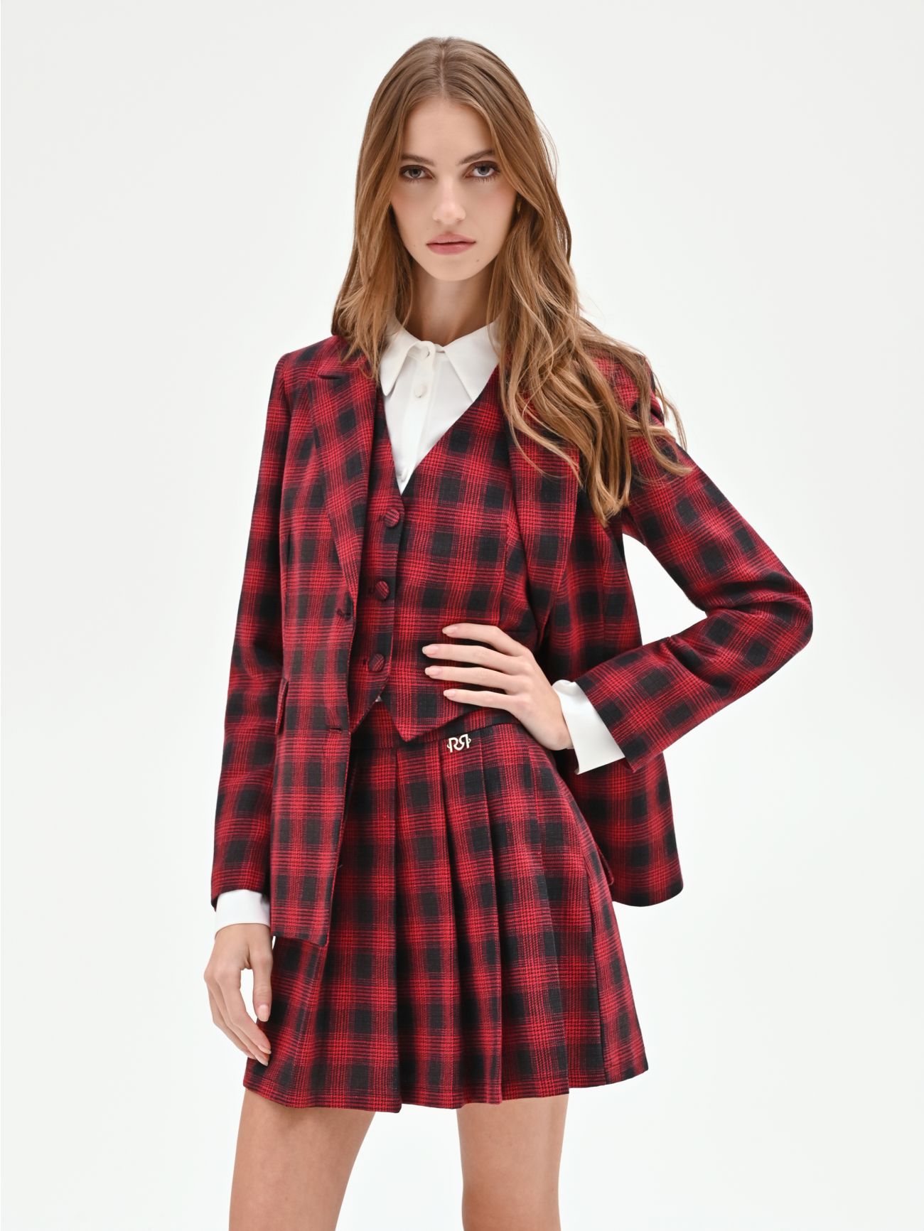 Red Single-Breasted Tartan Blazer in_i7