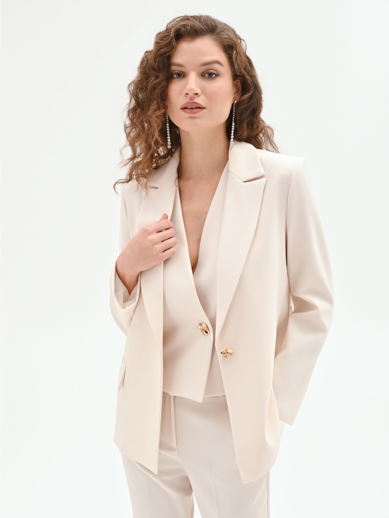 White Jacket in Flowing Crepe Fabric & Lace in_i7