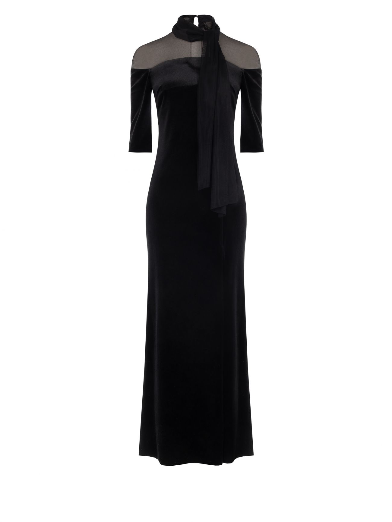 Langes schwarzes Samtkleid mit Schleife det_4