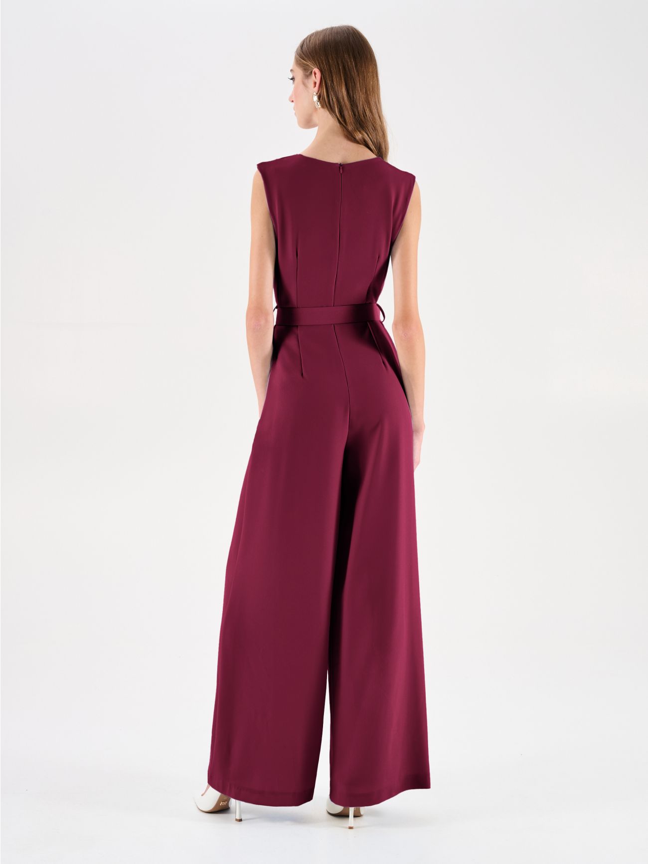 Burgundy Belted Palazzo Jumpsuit in_i4