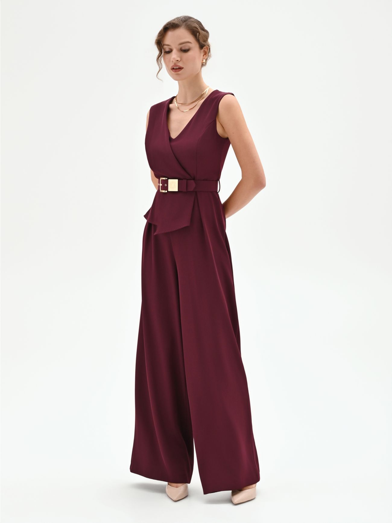 Burgundy Belted Palazzo Jumpsuit in_i7