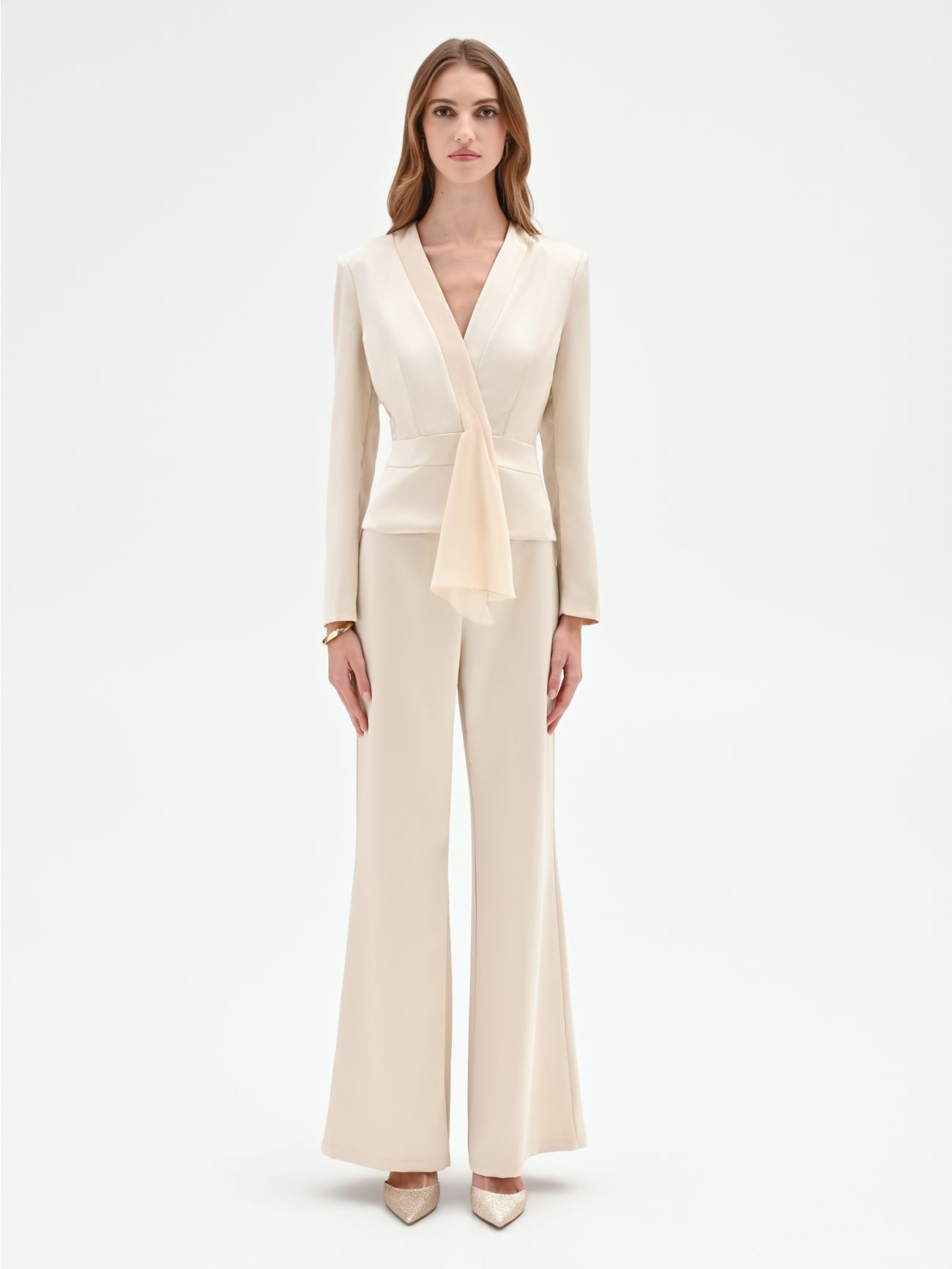 Light Beige Draped Satin Jacket det_1