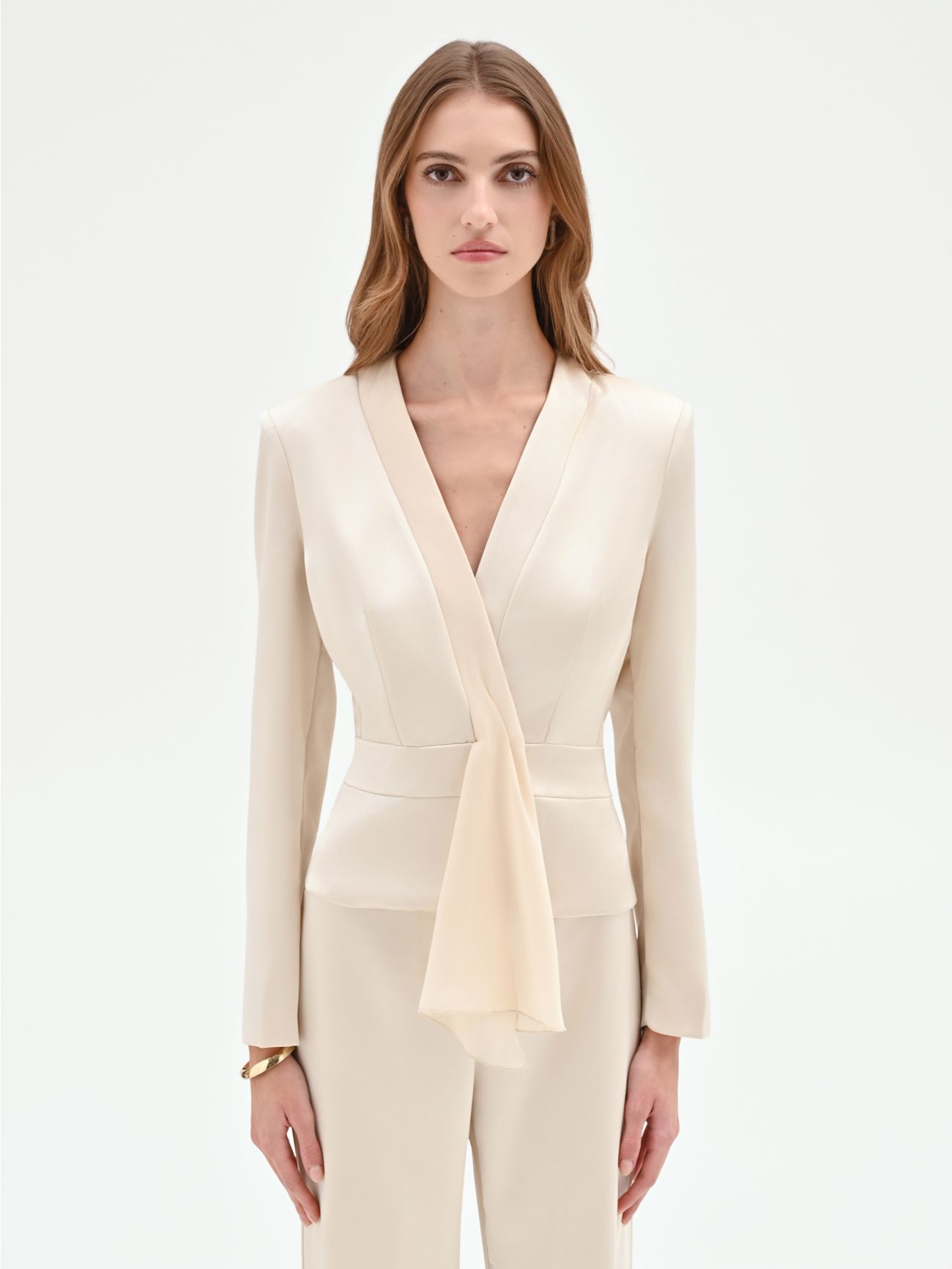 Light Beige Draped Satin Jacket det_2