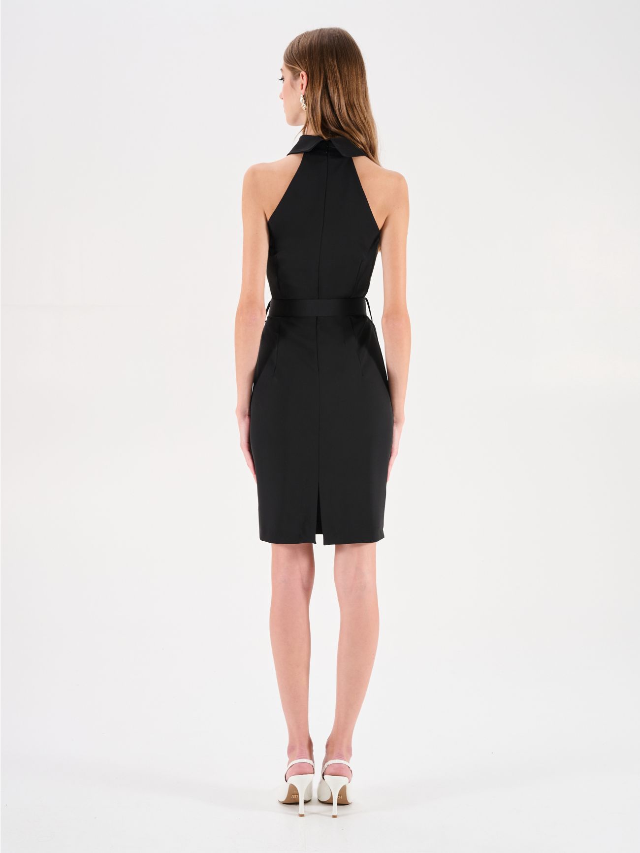 Black Draped-Neck Belted Dress in_i4