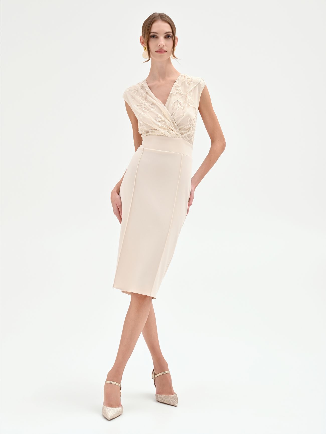 Light Beige Embroidered Bodice Sheath Dress in_i7
