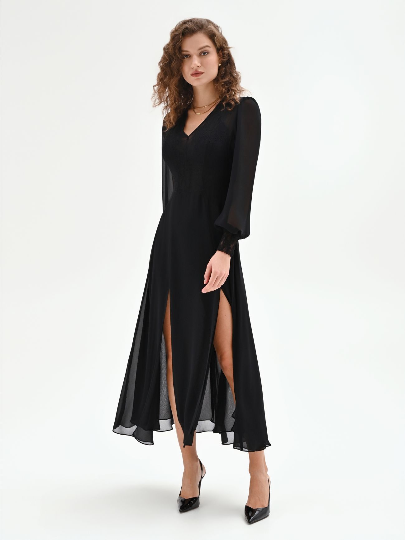 Black Midi Dress with Lace Details in_i7