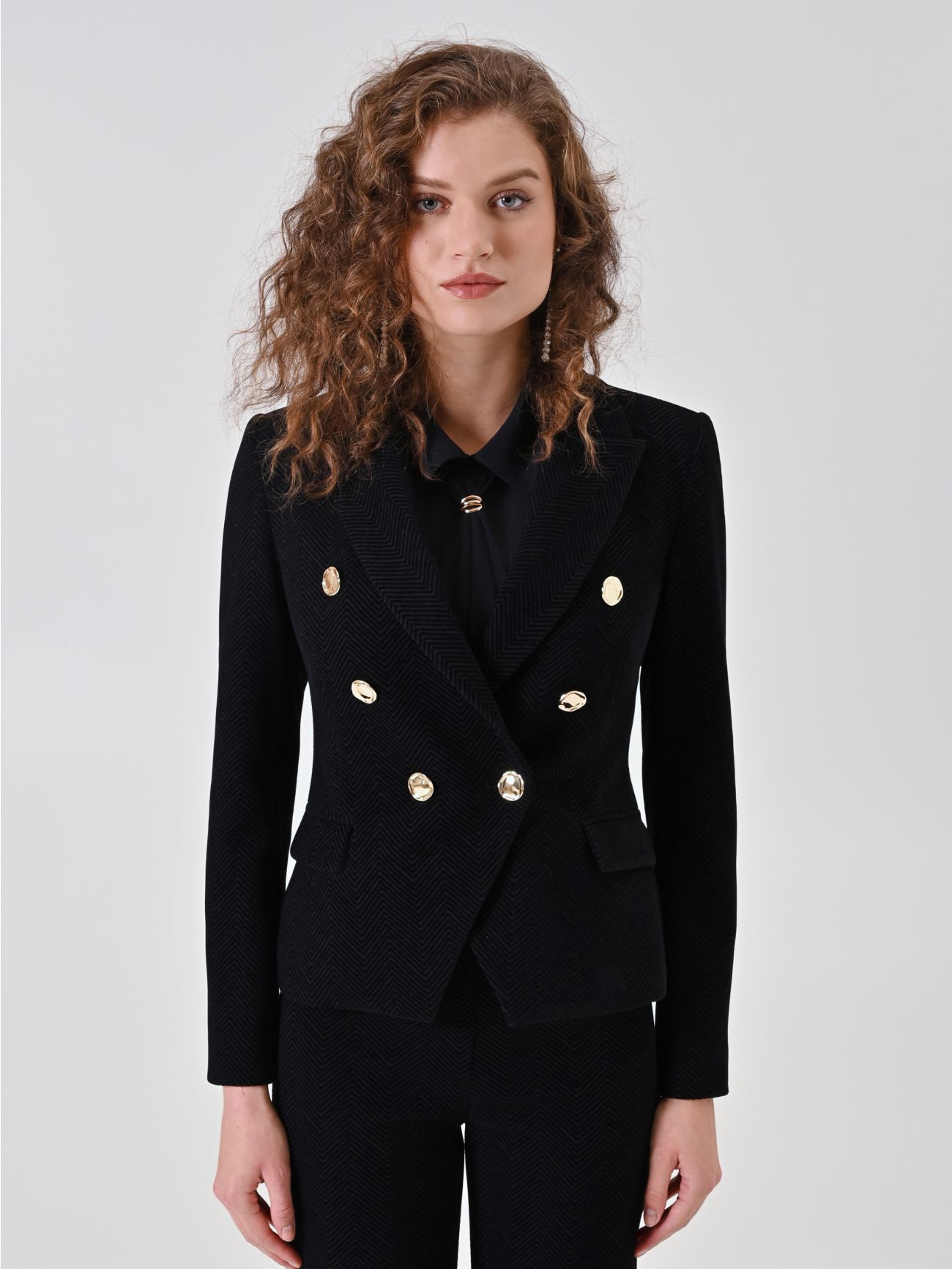 Black Chevron Double-Breasted Blazer det_2