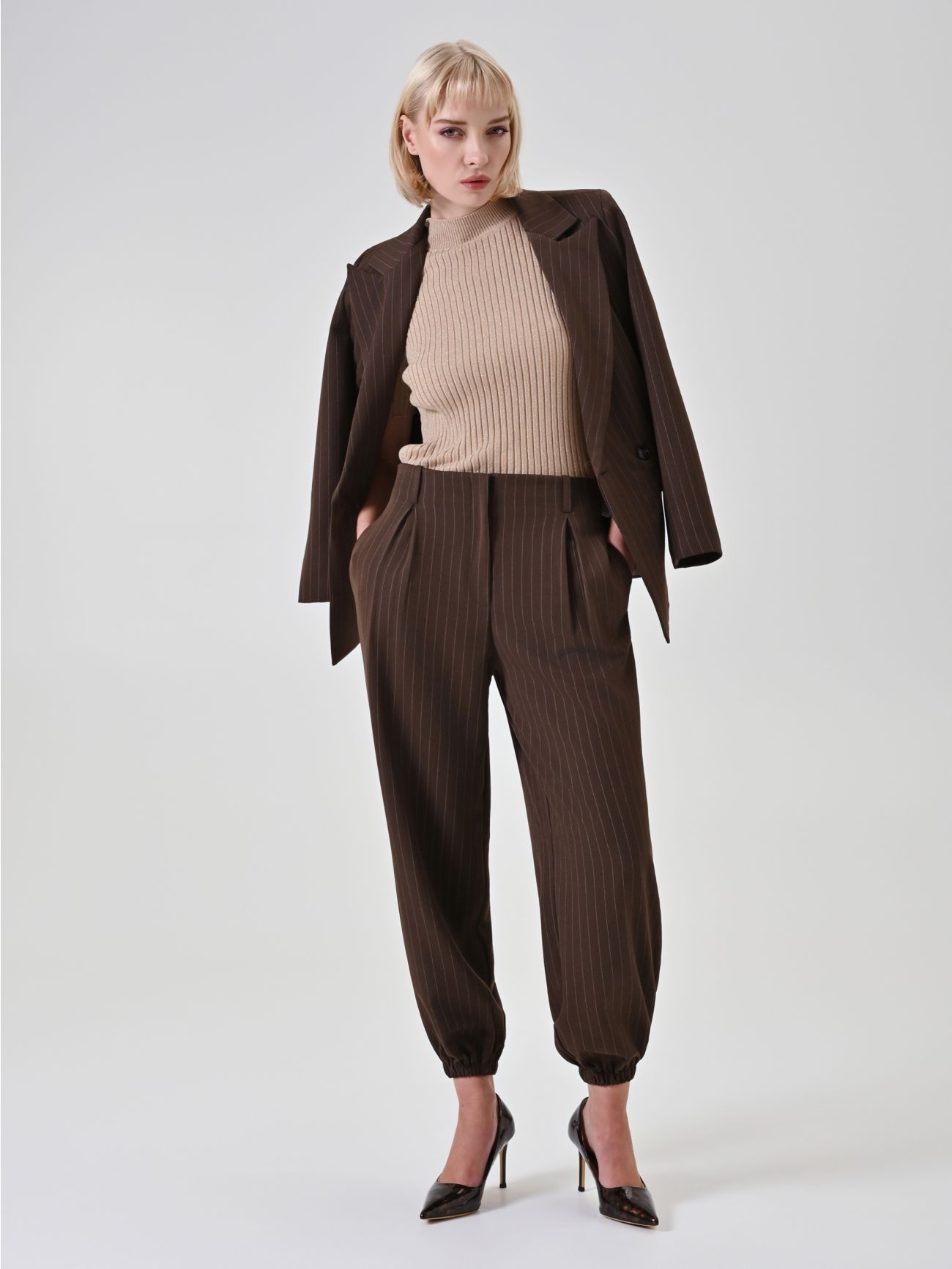 Chocolate Pinstripe High-Waisted Trousers  Rinascimento