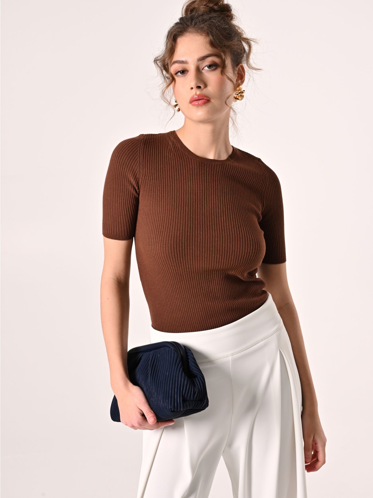 Maglia Girocollo a Costine Cioccolato  Rinascimento