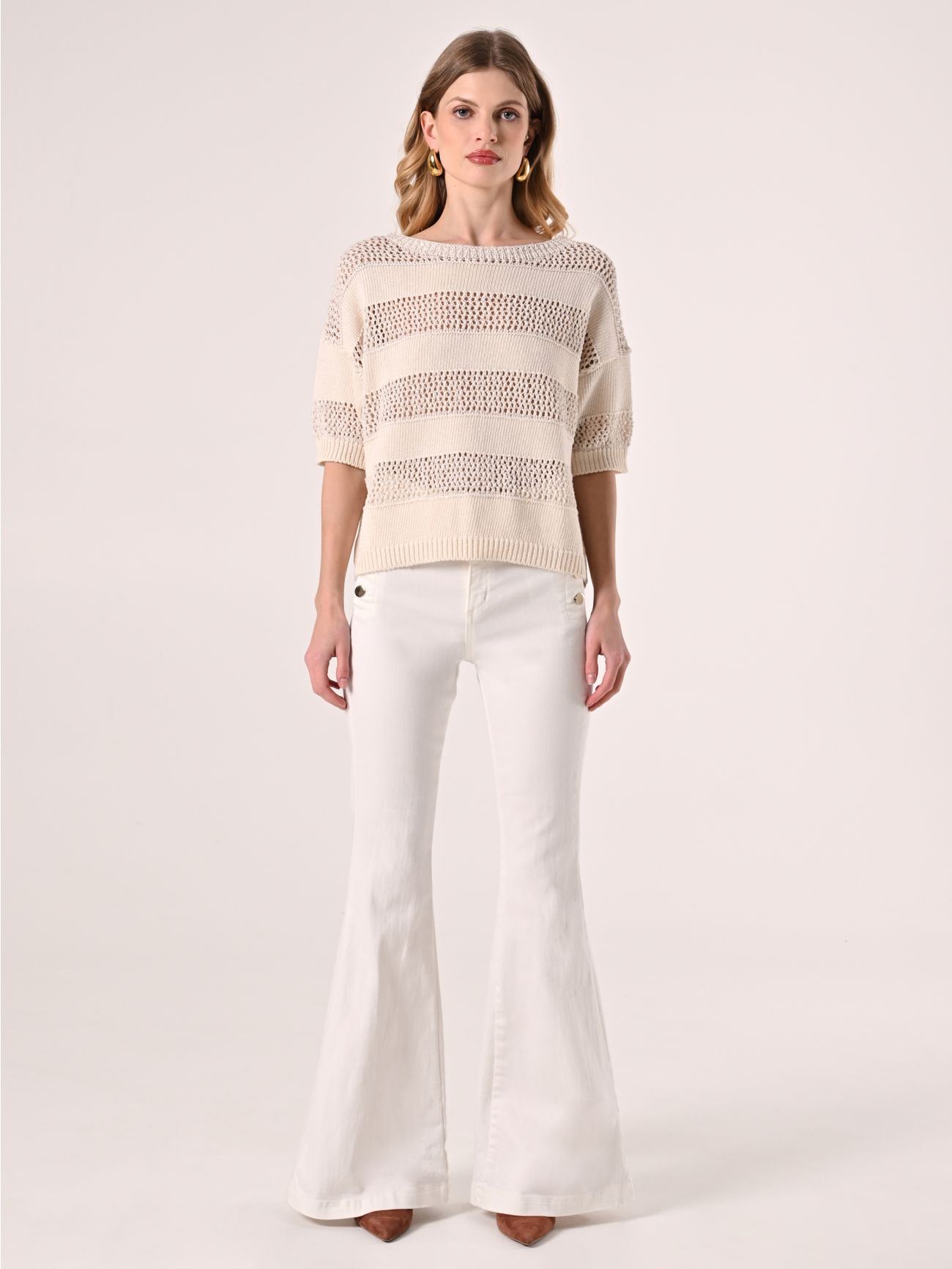 Openwork Knitted Beige T-shirt det_1