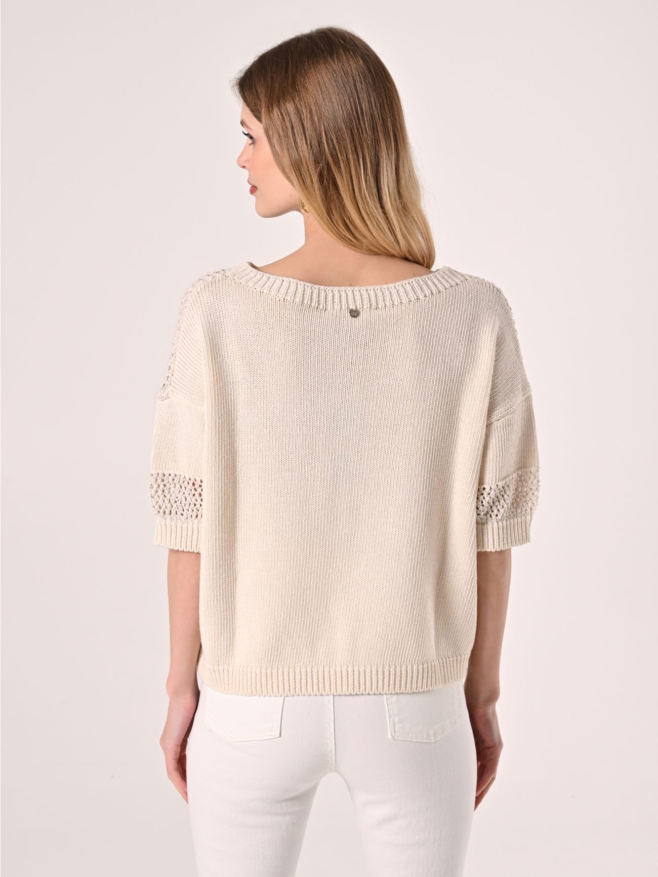 Openwork Knitted Beige T-shirt det_3