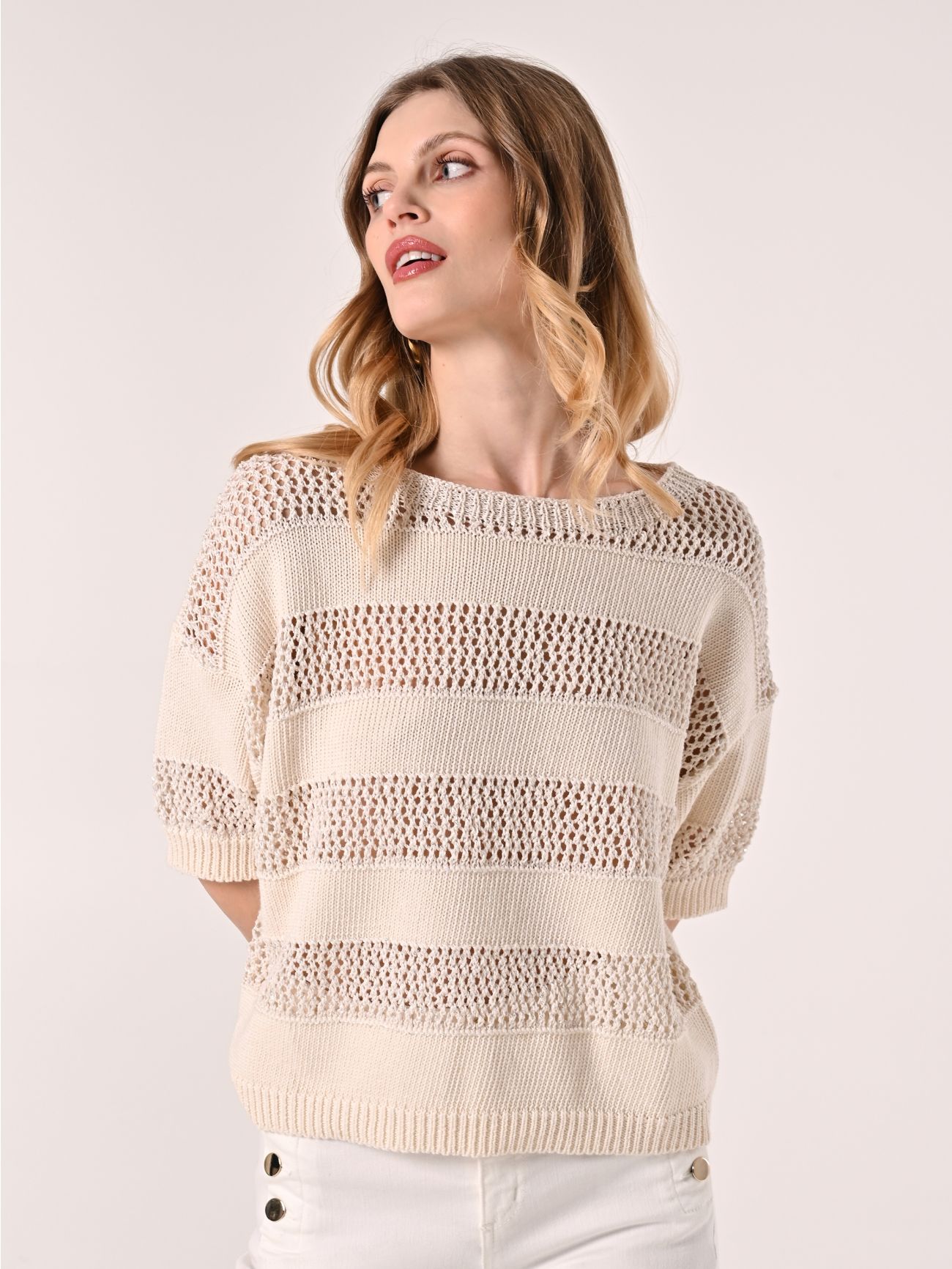 Openwork Knitted Beige T-shirt in_i7