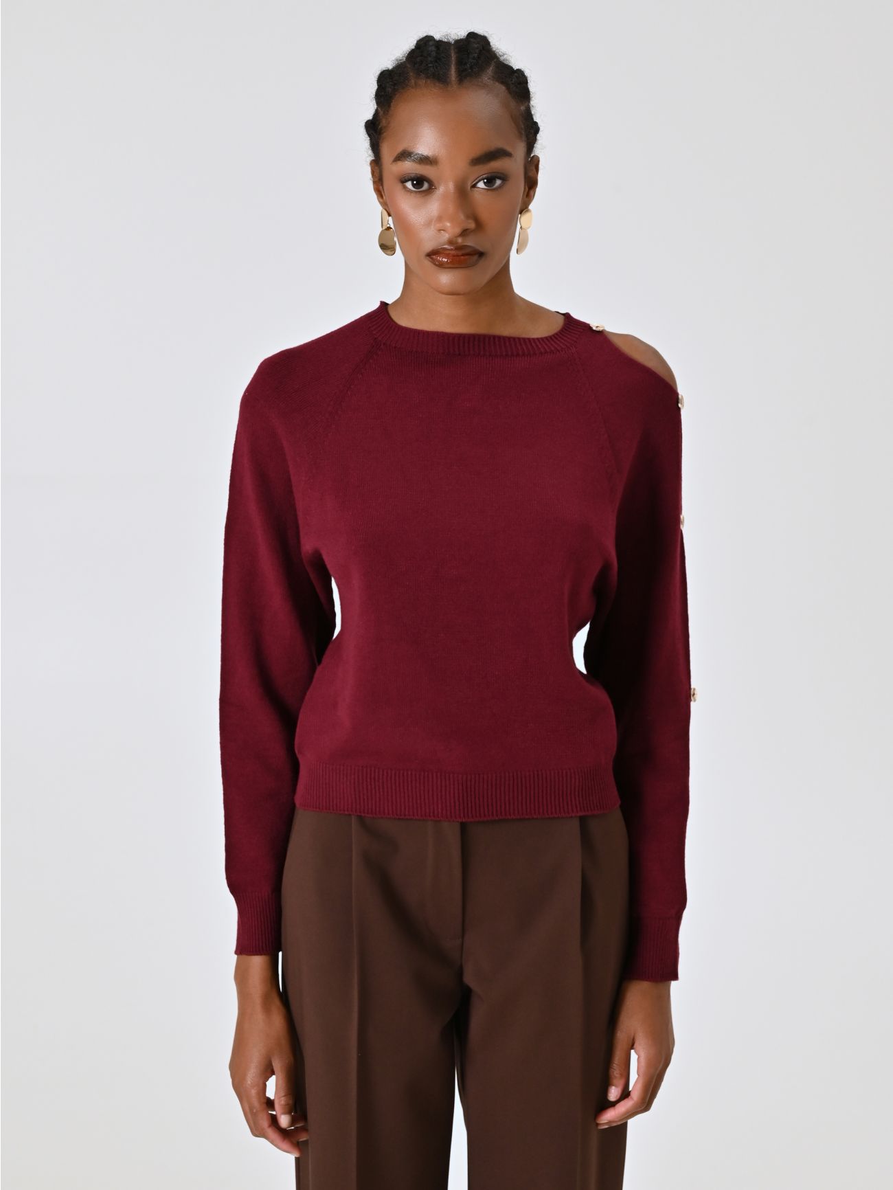 Glatt gestrickter Pullover in Bordeaux det_2