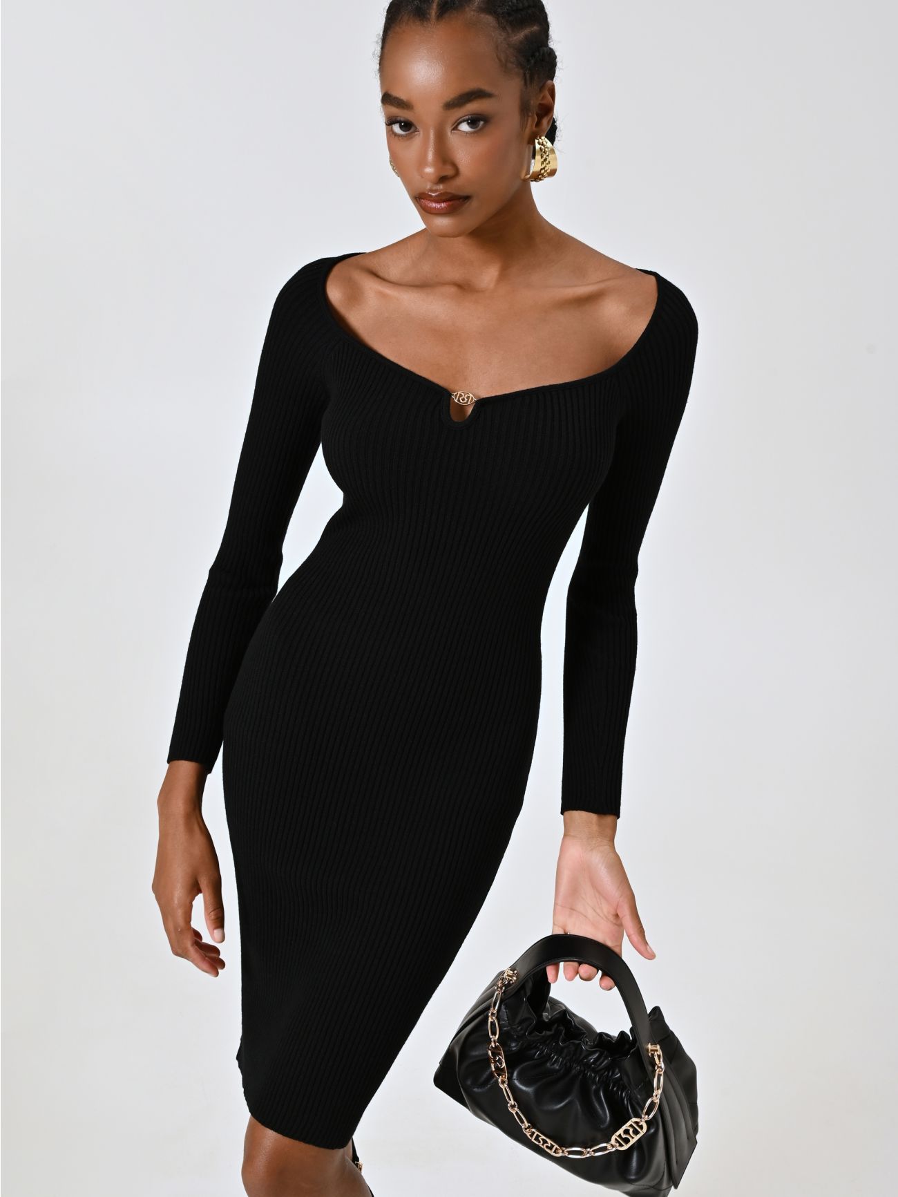 Vestido de punto fino acanalado negro sp_e1