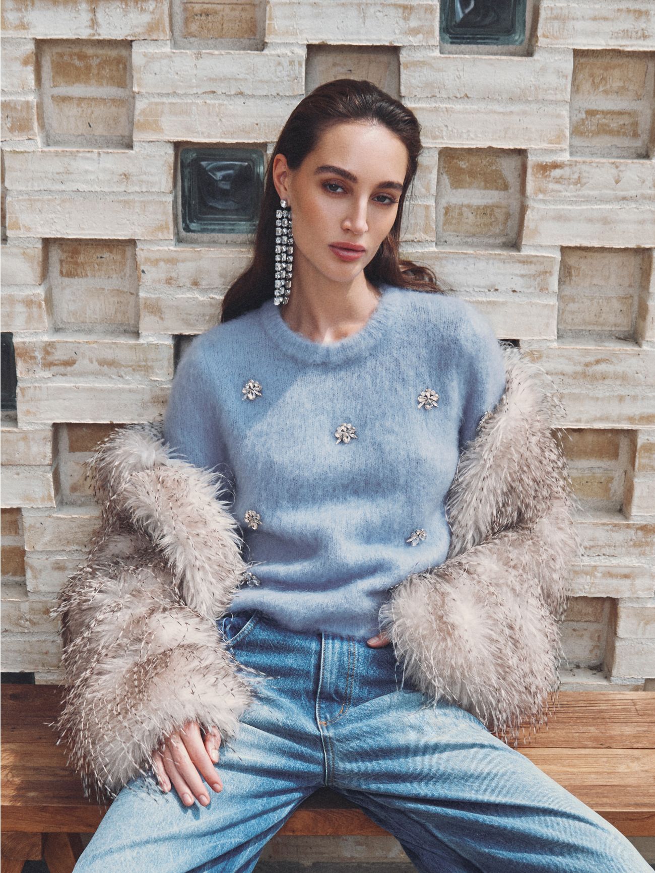 Light Blue Fluffy Sweater with Stones  Rinascimento