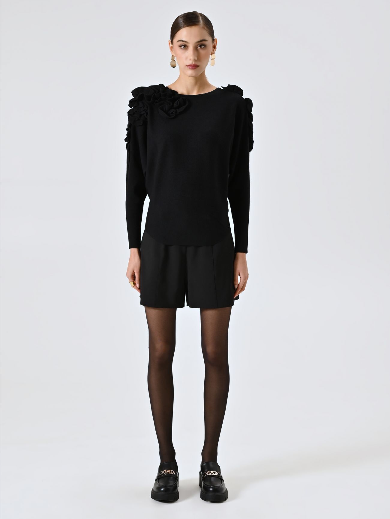 Black Sweater with Embossed Flowers det_1