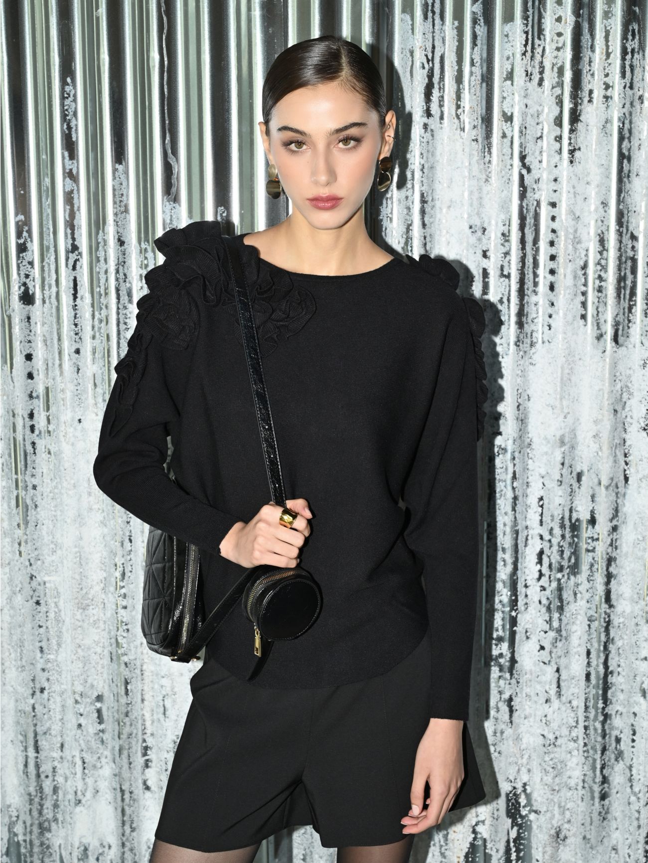 Black Sweater with Embossed Flowers  Rinascimento