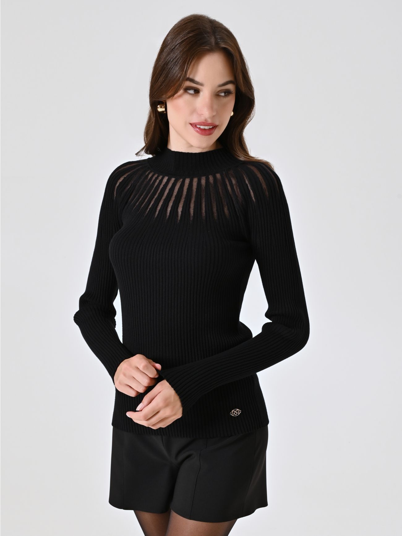 Black Turtleneck with Tulle Inserts in_i7