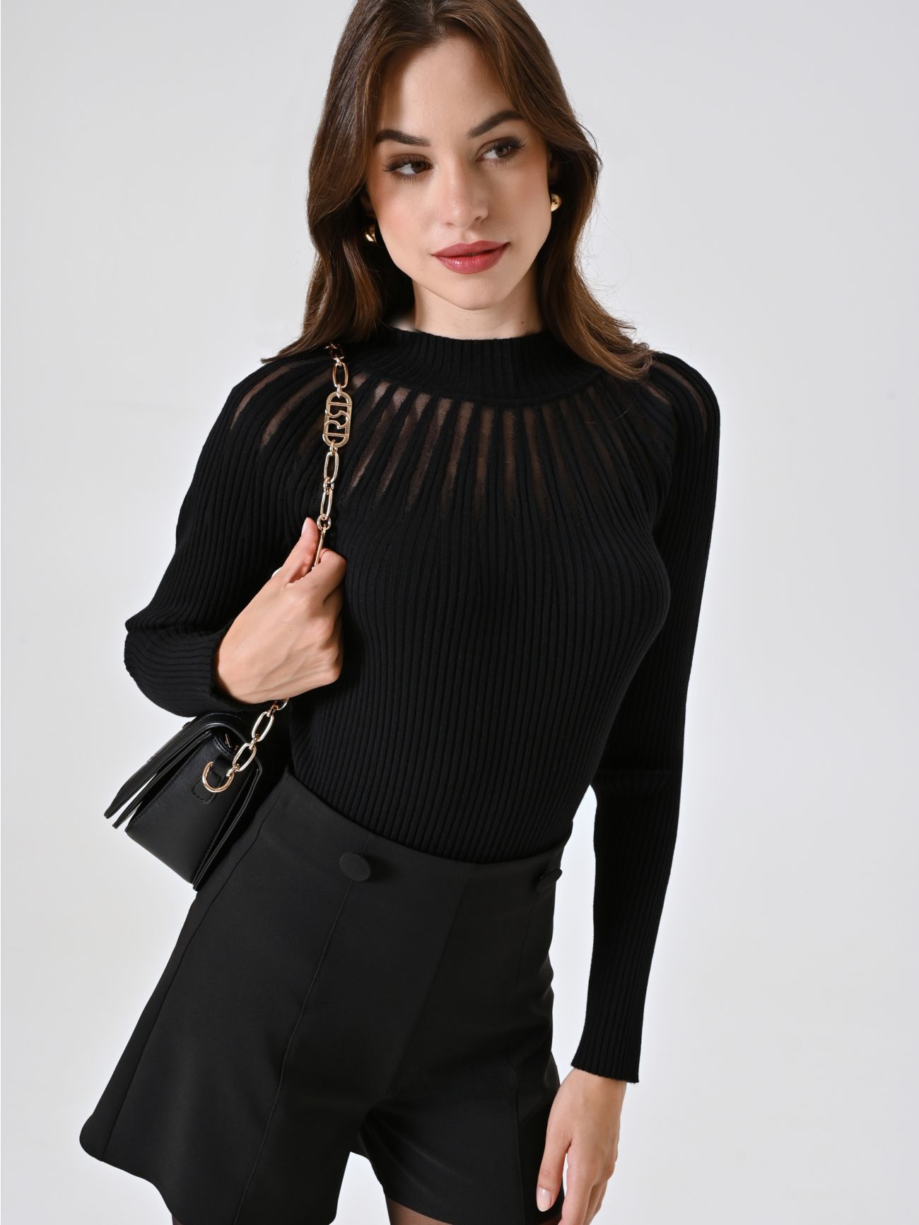 Black Turtleneck with Tulle Inserts  Rinascimento