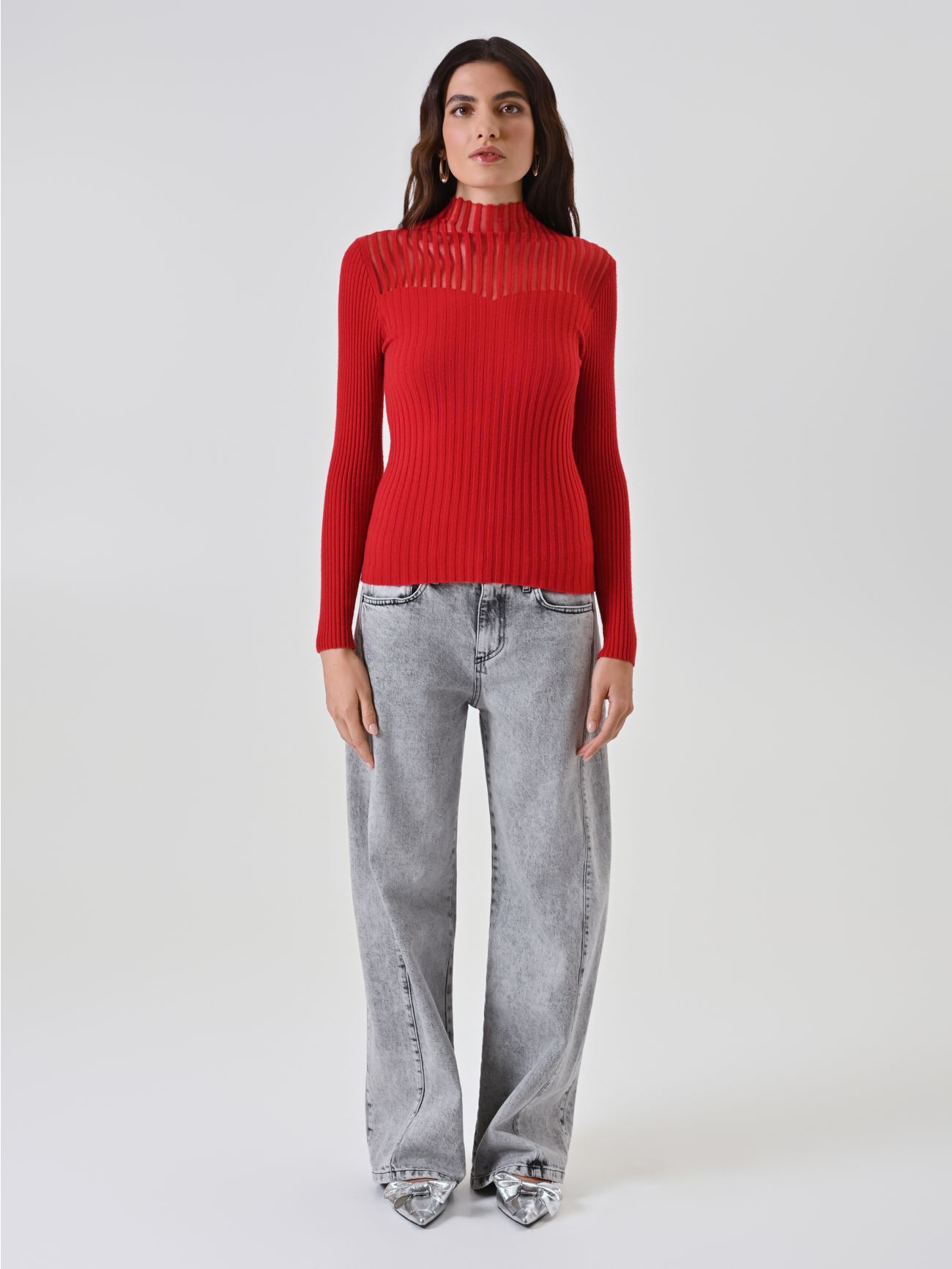 Red Mock Neck Top with Sheer Detailing 1 Rinascimento Red Mock Neck Top with Sheer Detailing det_1