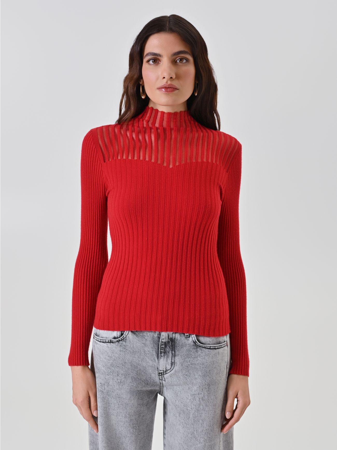 Red Mock Neck Top with Sheer Detailing 2 Rinascimento Red Mock Neck Top with Sheer Detailing det_2